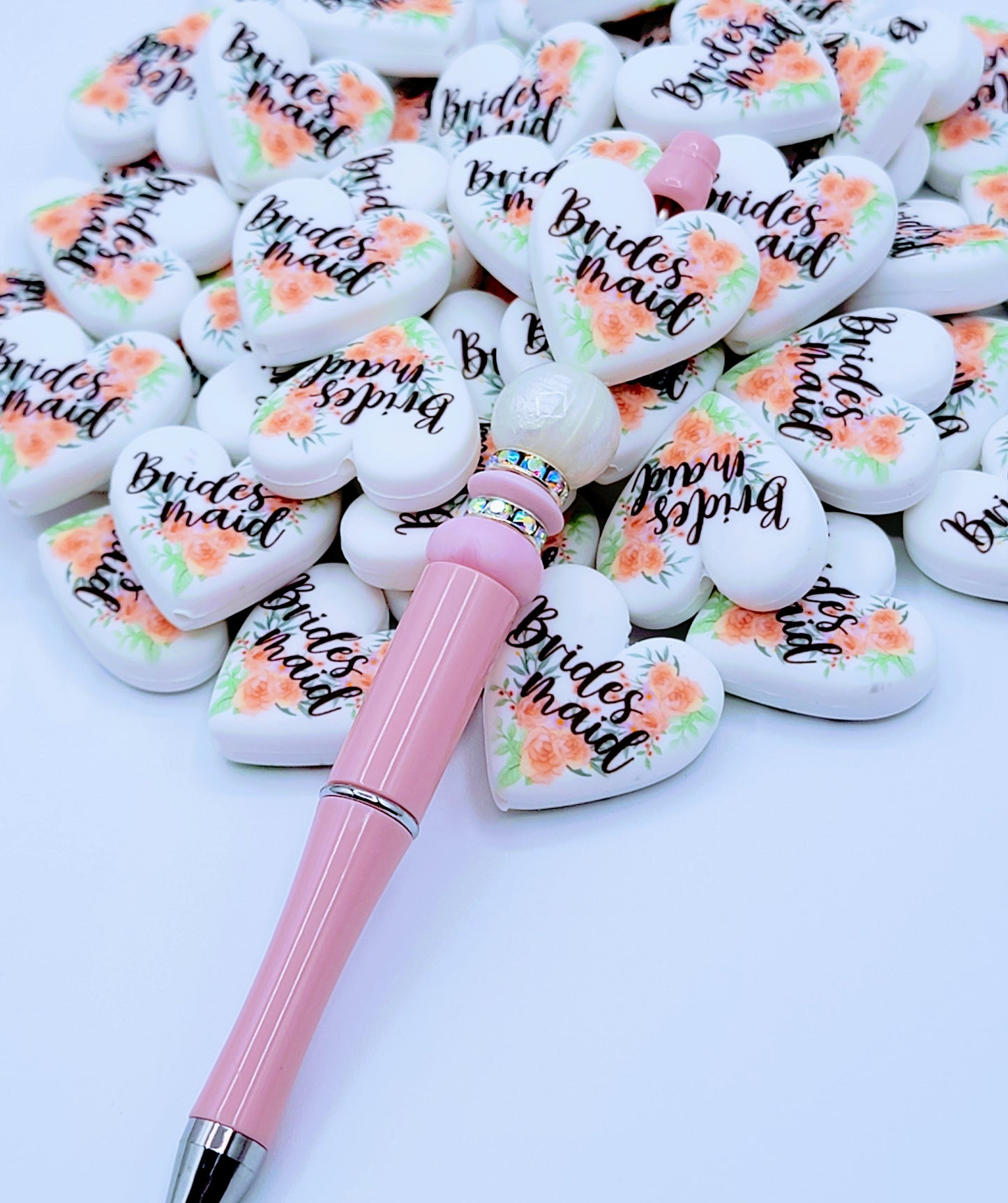 Bridesmaid Orange Pink Floral Heart Silicone Pen Bead, DIY Bridal Party Gift - Set of 2