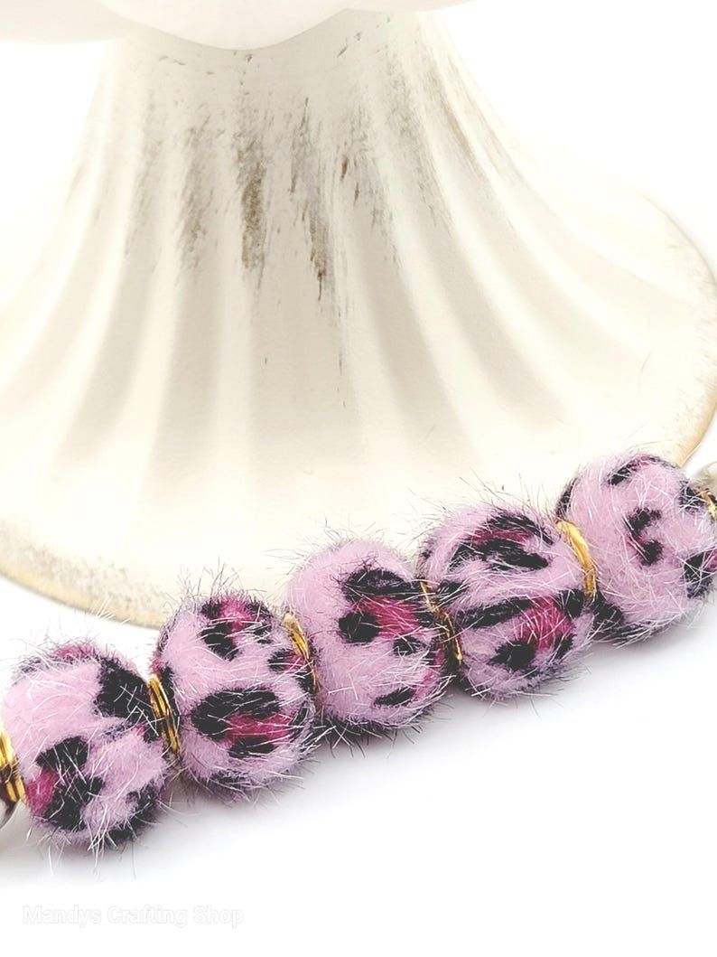 Light Pink Leopard Print Plush Bead – Fuzzy Pom Pom Spacer Bead for DIY Crafts (Set of 5)