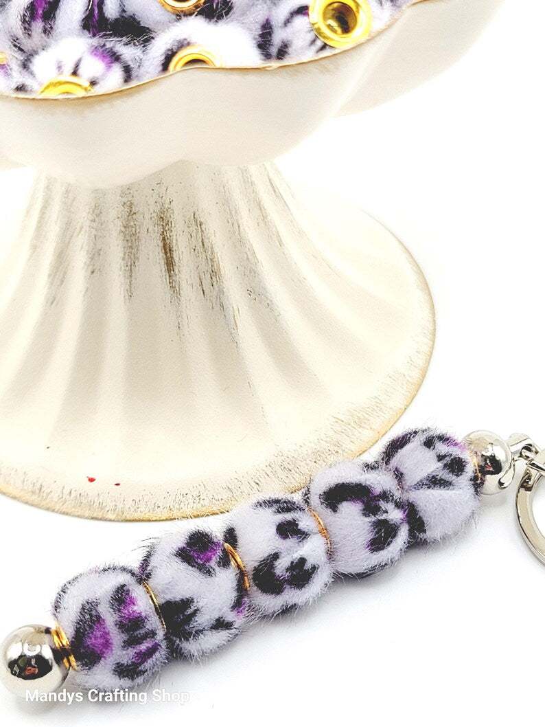 Gray Purple Leopard Print Plush Bead – Fuzzy Pom Pom Spacer Bead for DIY Crafts (Set of 5)