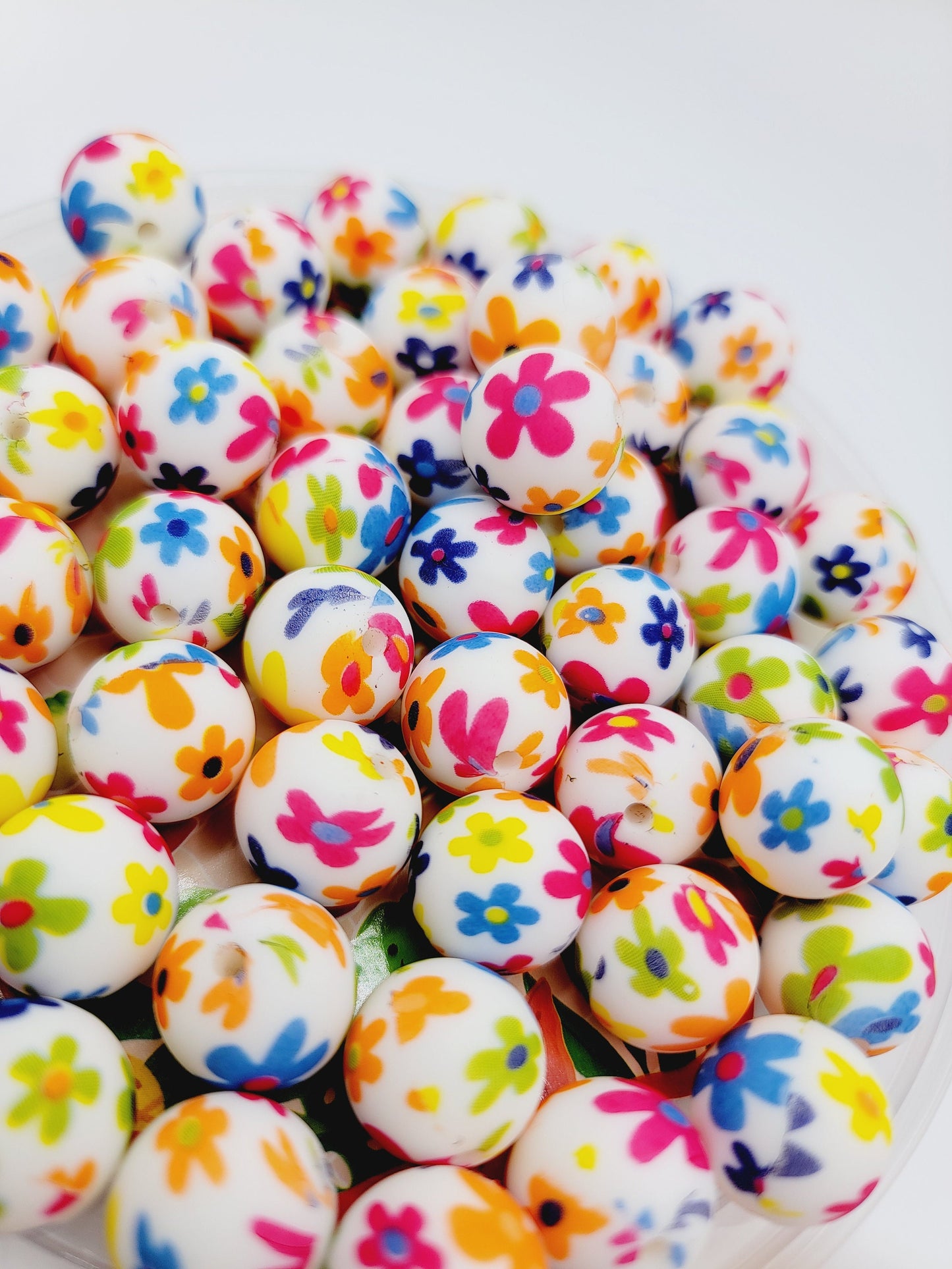 15mm Printed Bright Flower Print Silicone Beads – Round Floral Beads for Pens & Wristlets