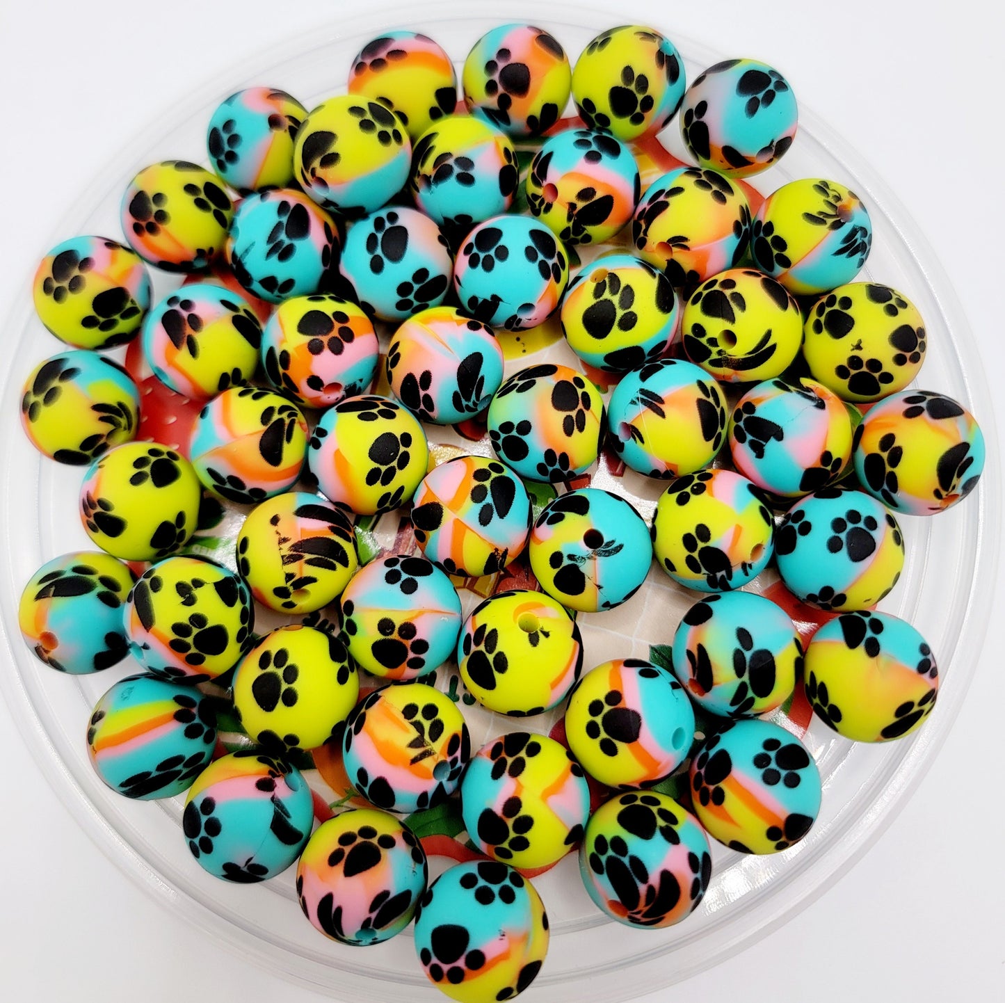 15mm Printed Rainbow Paw Print Silicone Beads – Round Pet Beads for Pens & Wristlets