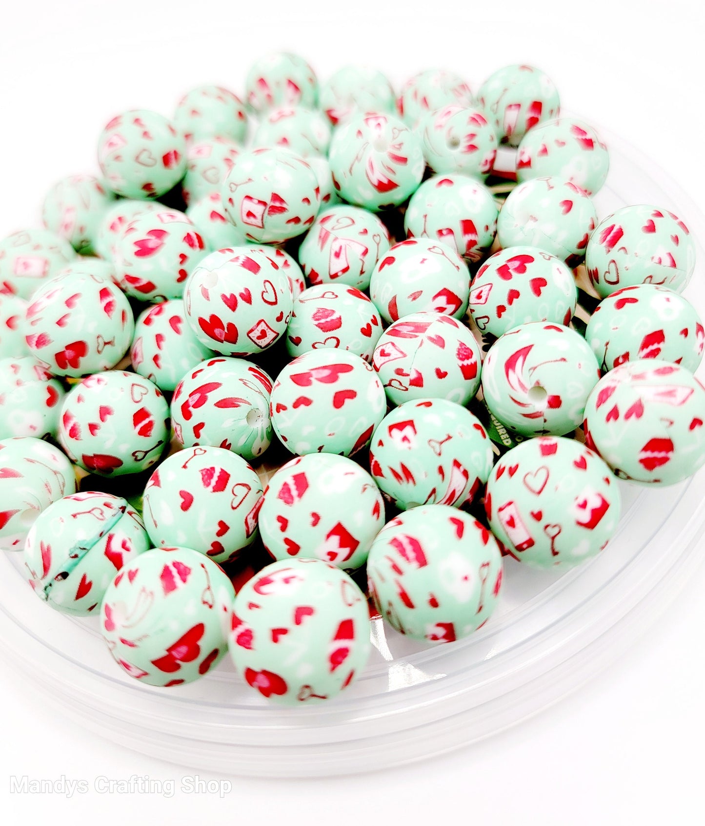15mm Printed Mint Green Valentine Love Print Silicone Bead – Valentine Theme Round Spacer Beads for Pens & Wristlets