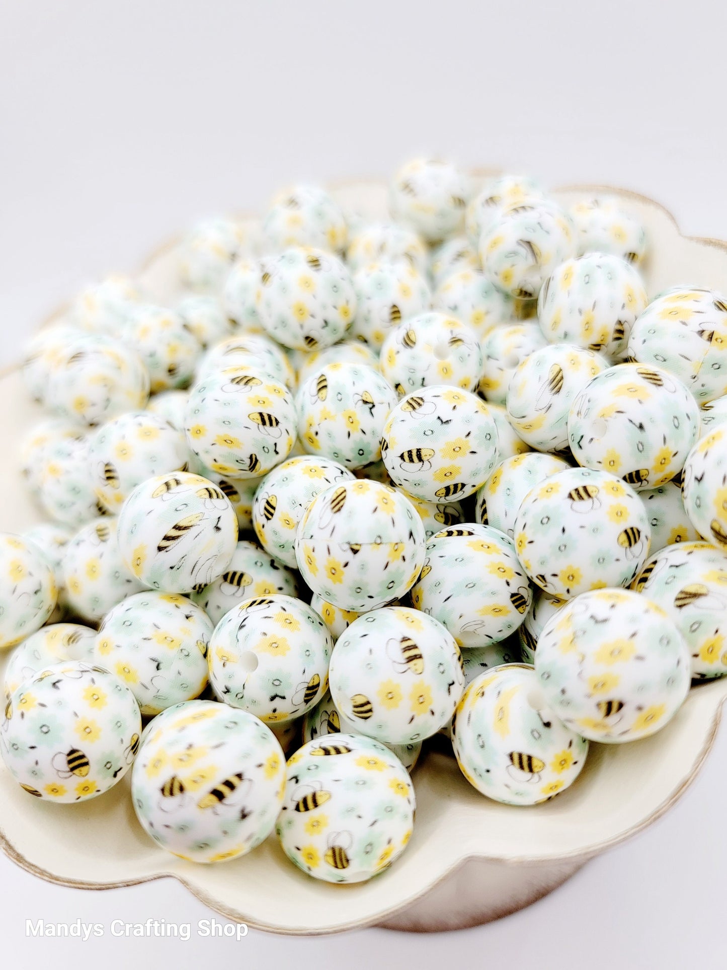 15mm Printed Bumble Bee Print Silicone Bead – Print Round Spacer Beads for Pens & Wristlets