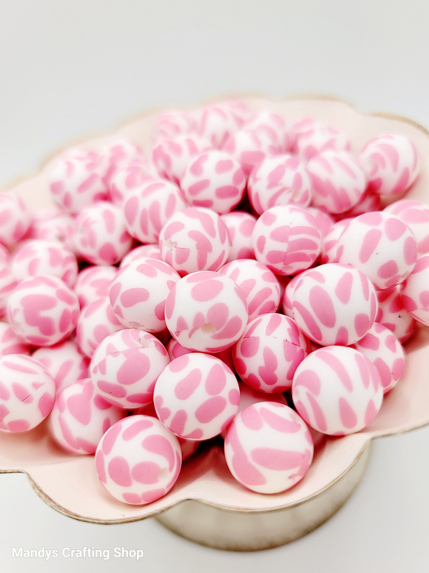 15mm Printed Pink Cow Print Silicone Bead – Pink Round Spacer Beads for Pens & Wristlets