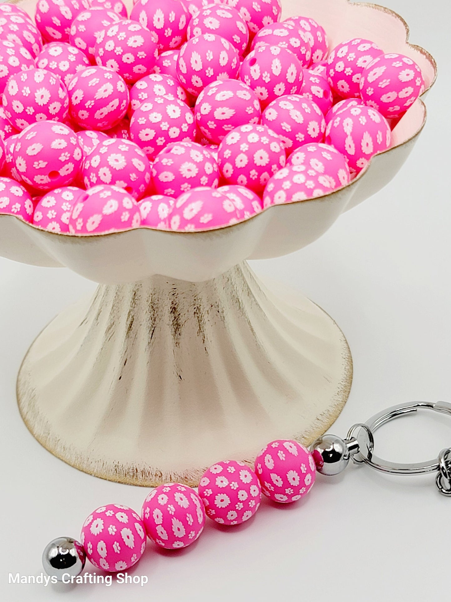 15mm Printed Bright Pink Daisy Floral Silicone Bead – Round Flower Beads for Pens & Wristlets