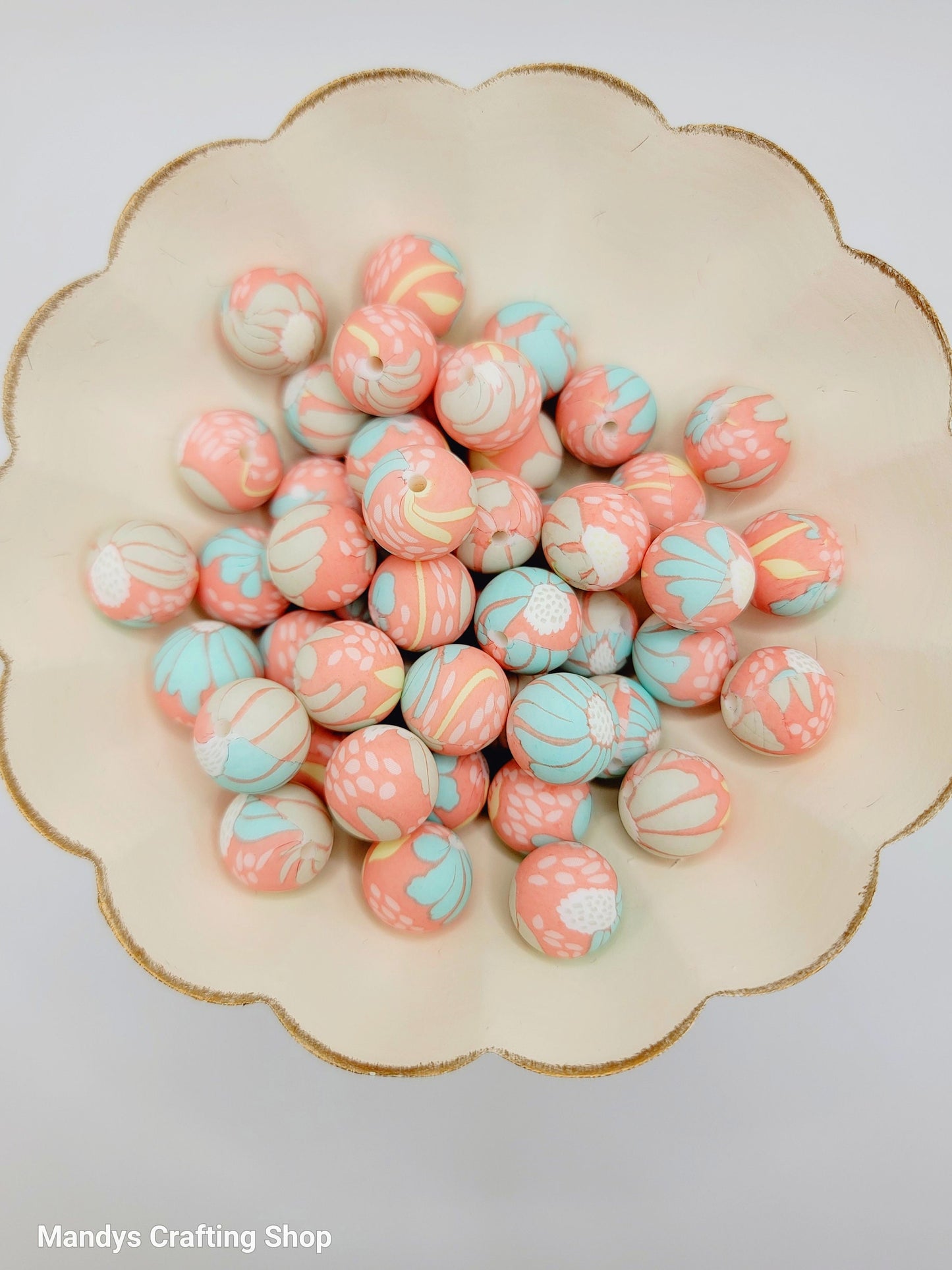 15mm Printed Coral Turquoise Floral Print Silicone Bead – Round Flower Beads for Pens & Wristlets