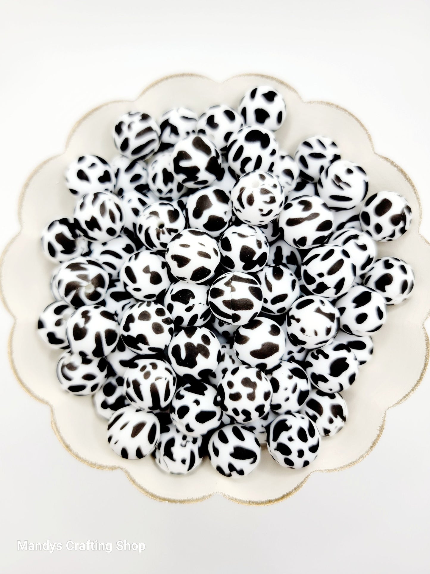 15mm Printed Black & White Cow Print Silicone Bead – Round Animal Beads for Pens & Wristlets