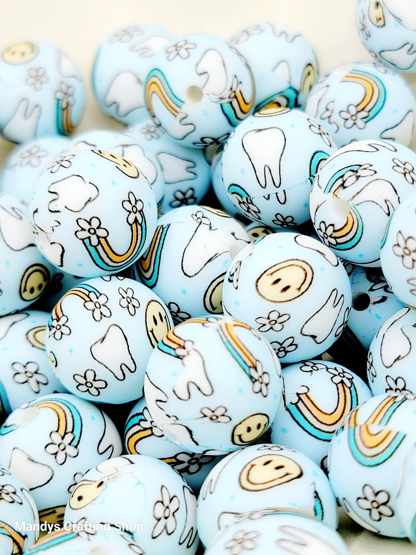 15mm Printed Dental Tooth Beads – Retro Dental Theme Silicone Round Spacer Beads for Pens & Wristlets