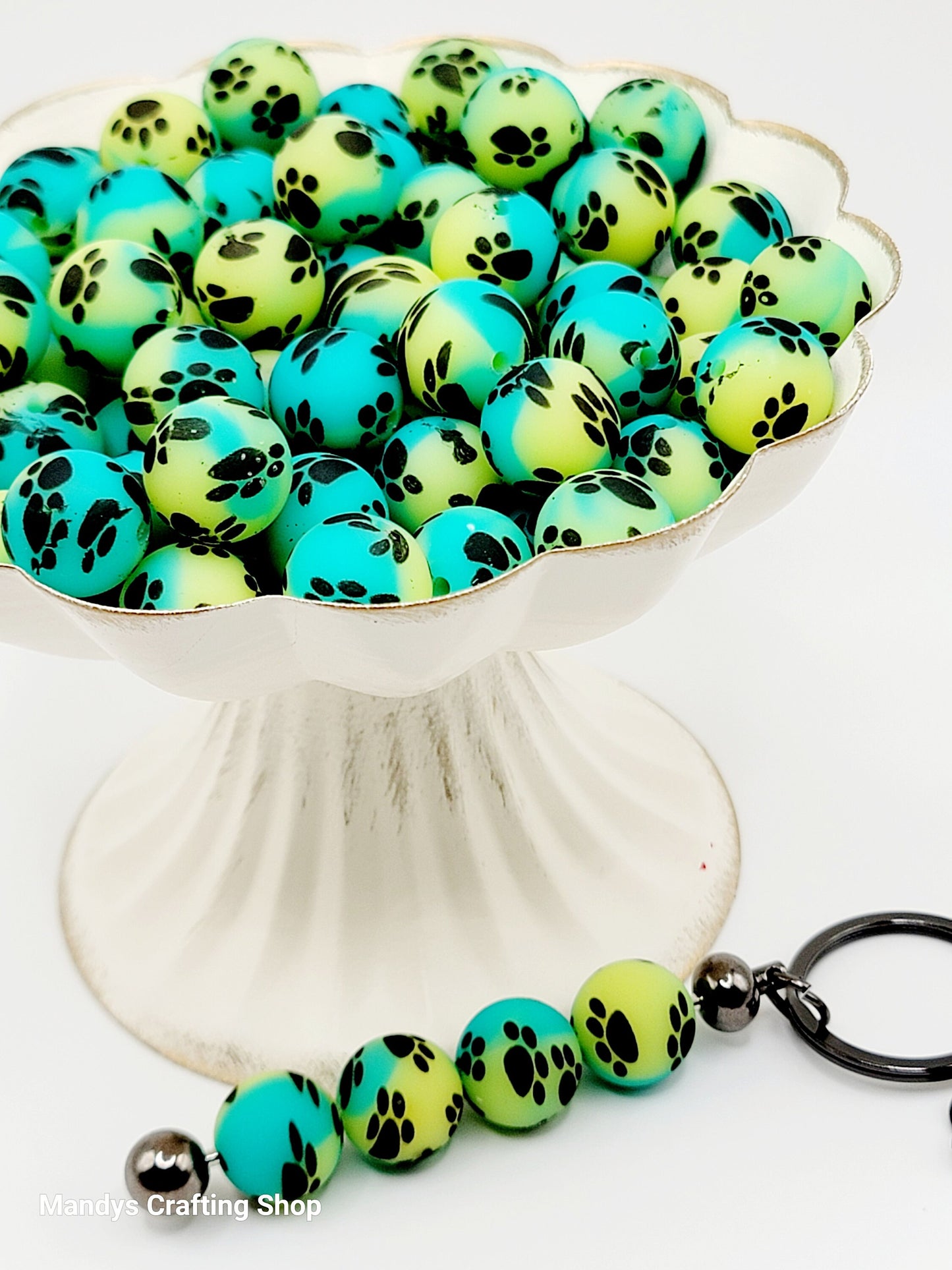 15mm Printed Turquoise & Yellow Paw Print Silicone Beads – Round Pet Beads for Pens & Wristlets