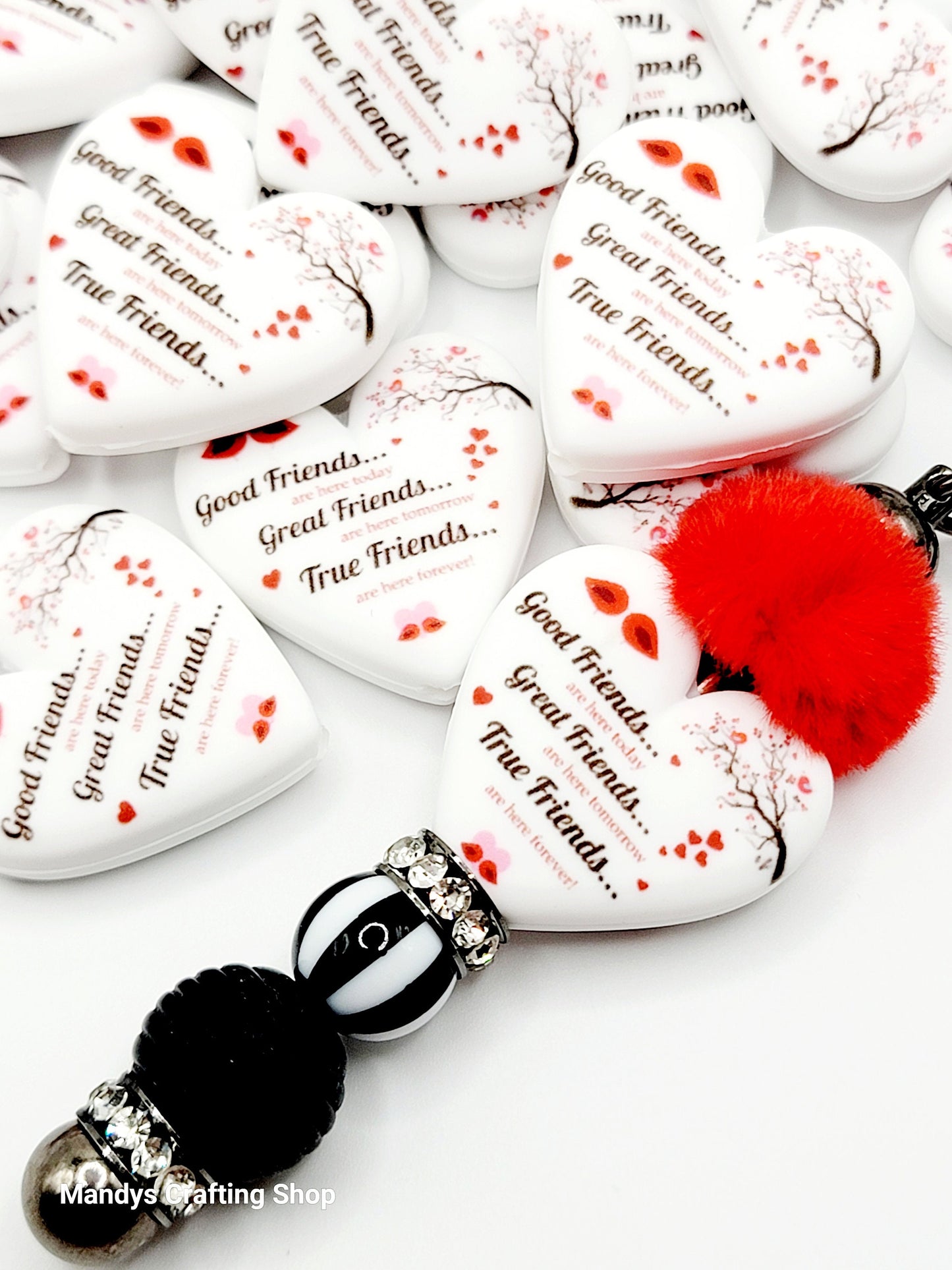 Friend Cardinal Heart Focal Bead – “Friends Are Forever” Printed Silicone Pen Bead (Set of 2)