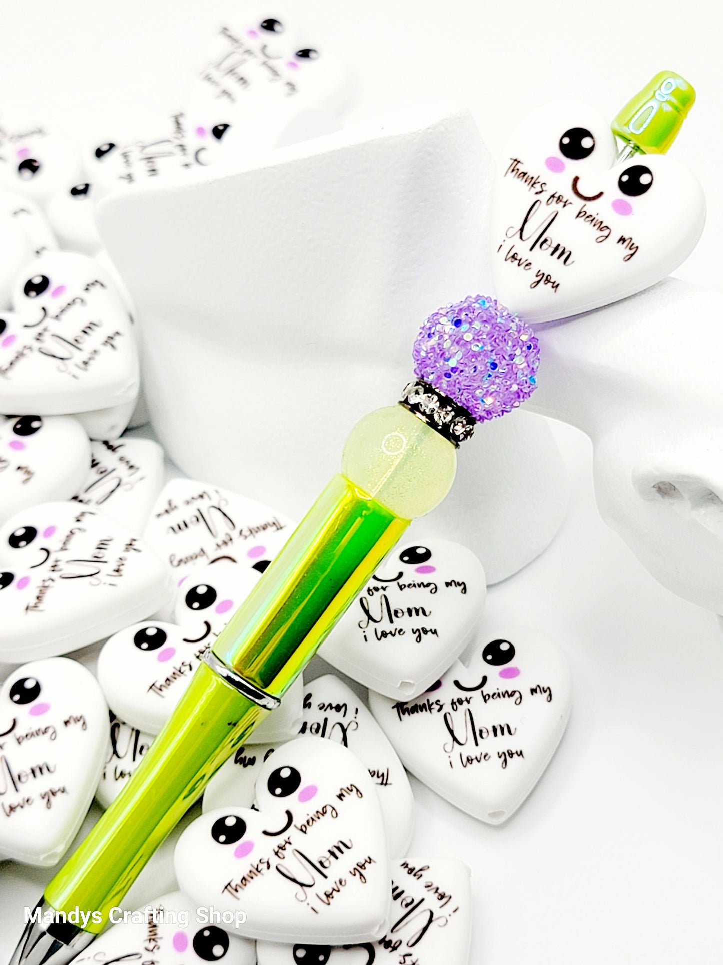 Mom Heart Focal Bead – Mother’s Day Printed Silicone Pen & Keychain Bead (Set of 2)