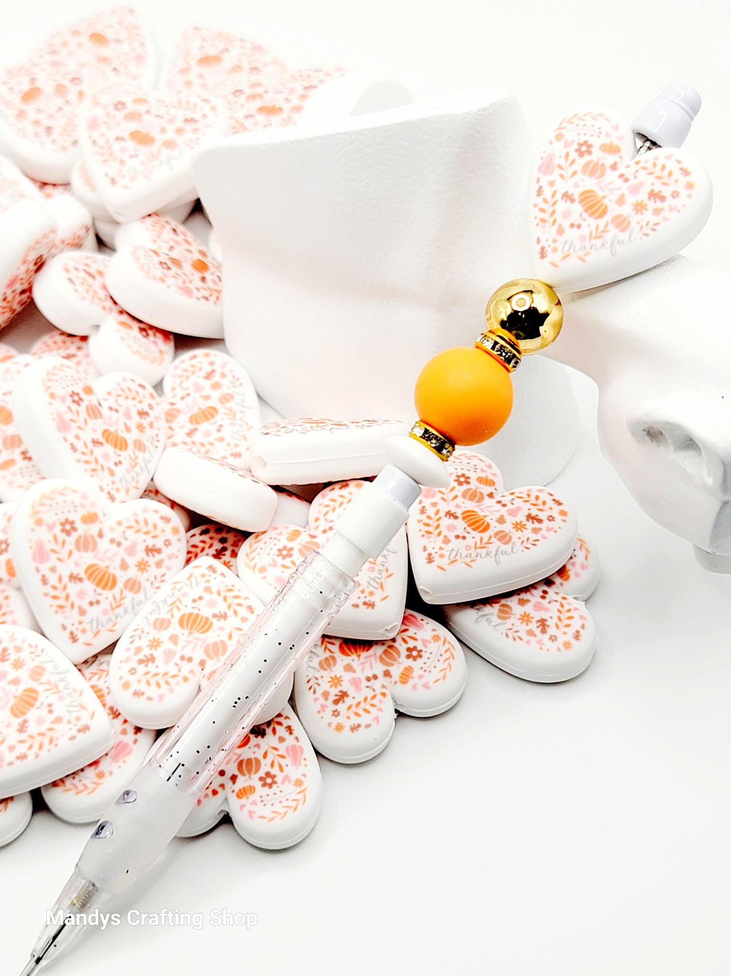 Thanksgiving Heart Focal Bead – Thankful Autumn Printed Silicone Pen & Keychain Bead (Set of 2)