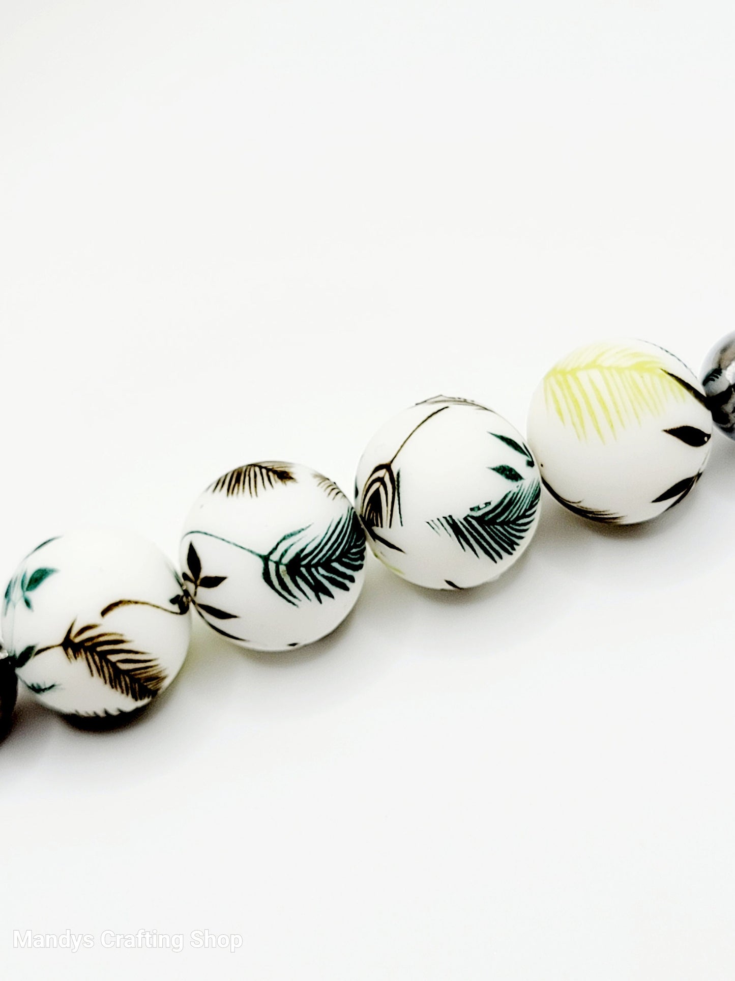 15mm Printed Wild Fern Floral Print Silicone Beads – Brown, Teal & Lime Round Spacer Beads for Pens & Wristlets