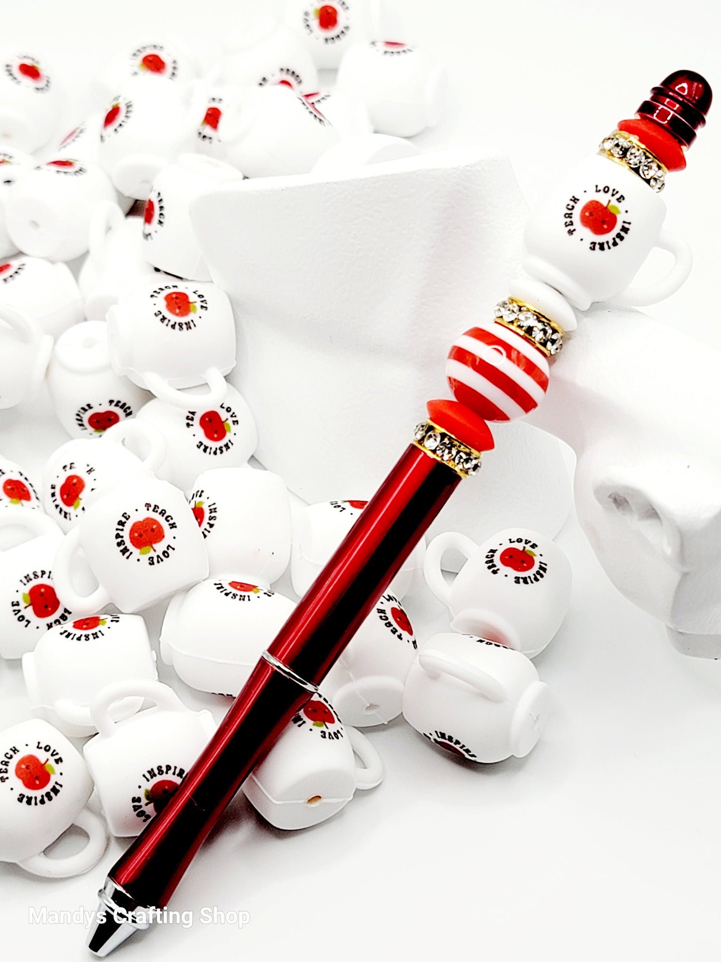 Teach Love Inspire Apple 3D Cup Silicone Focal Bead – Teacher Coffee Cup Pen Bead (Set of 1, 2, or 5)