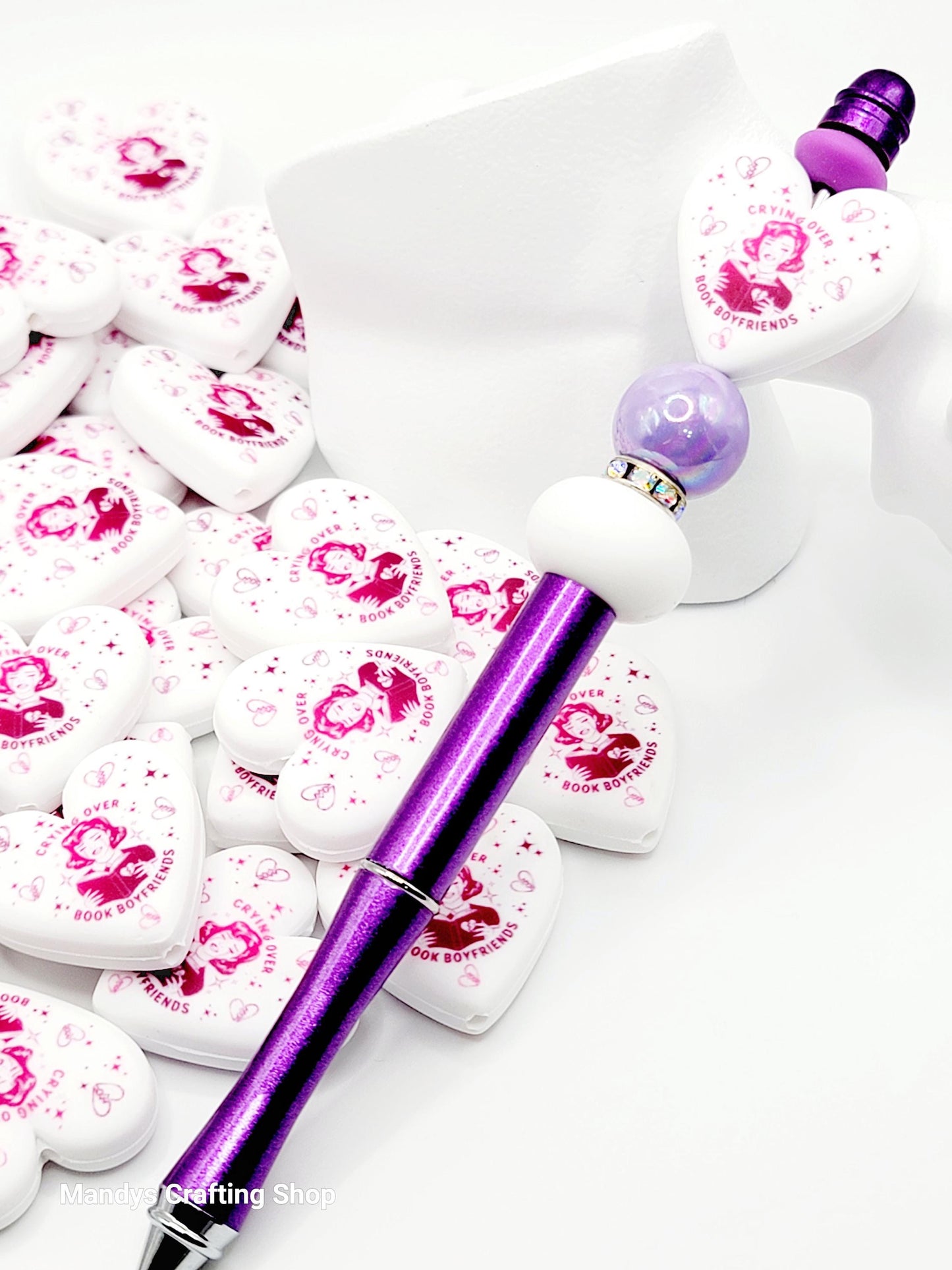 Crying Over Book Boyfriends Heart Focal Bead – Funny Book Lover Printed Silicone Pen Bead (Set of 2)