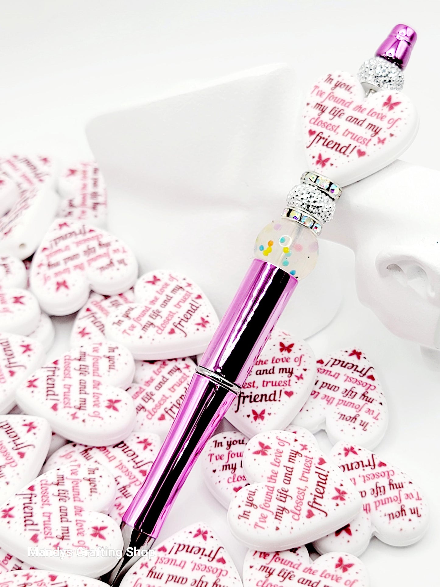 Best Friend Heart Focal Bead – Printed Silicone Pen & Coworker Bead (Set of 2)