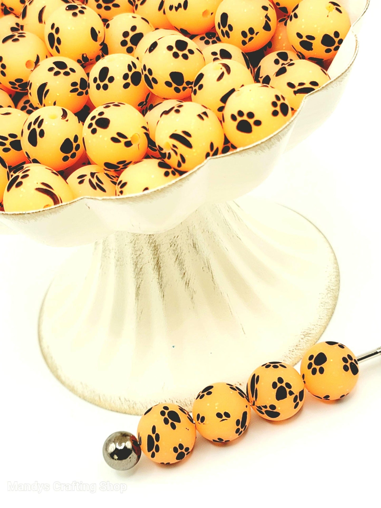 15mm Printed Orange Glitter Paw Print Silicone Bead – Round Pet Beads for Pens & Wristlets
