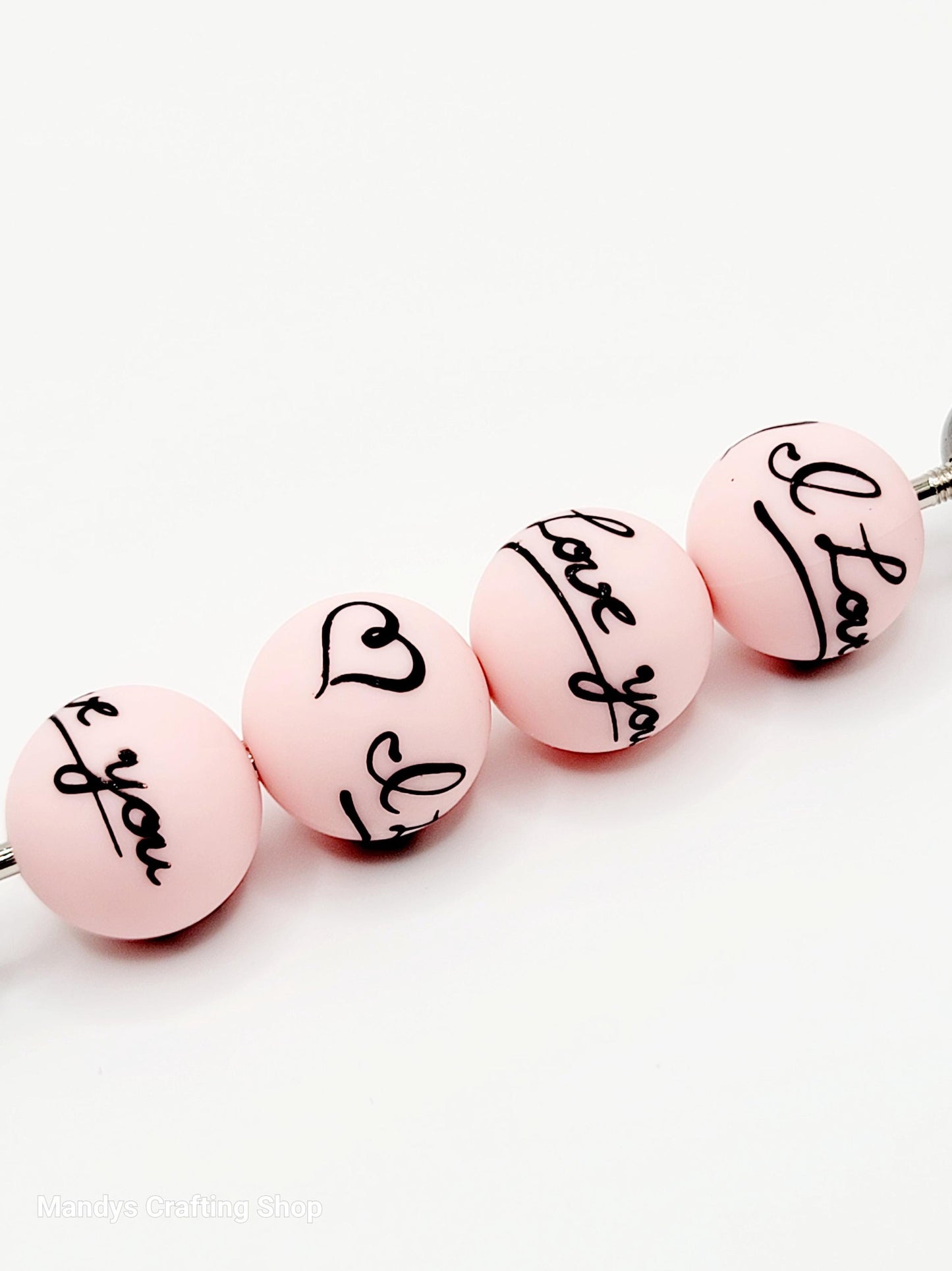 15mm Printed I Love You Pink Valentine’s Day Silicone Bead – Pink Round Beads for Pens & Wristlets