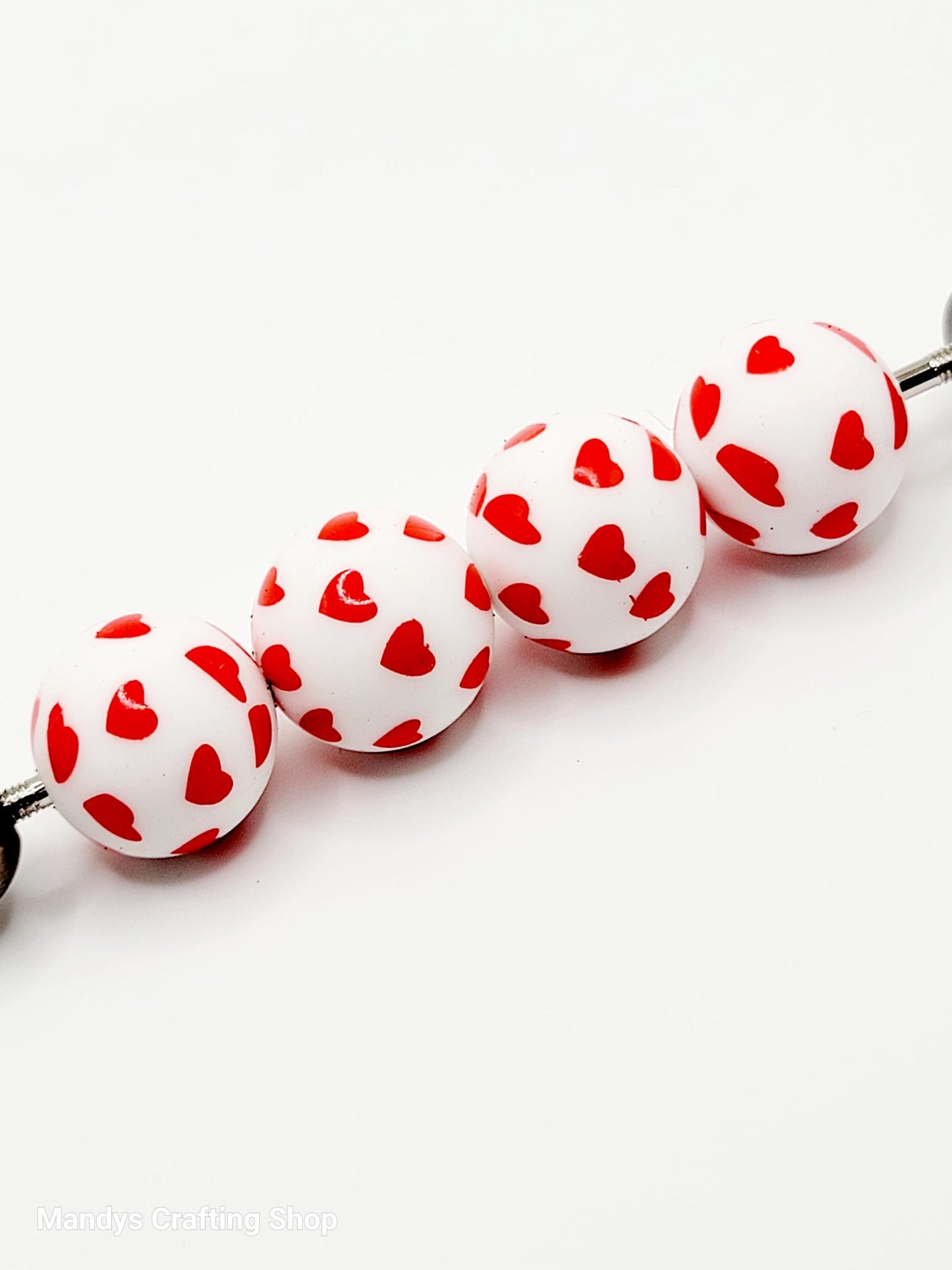 15mm Printed Valentine Red Heart Silicone Bead – Heart Print Round Beads for Pens & Wristlets