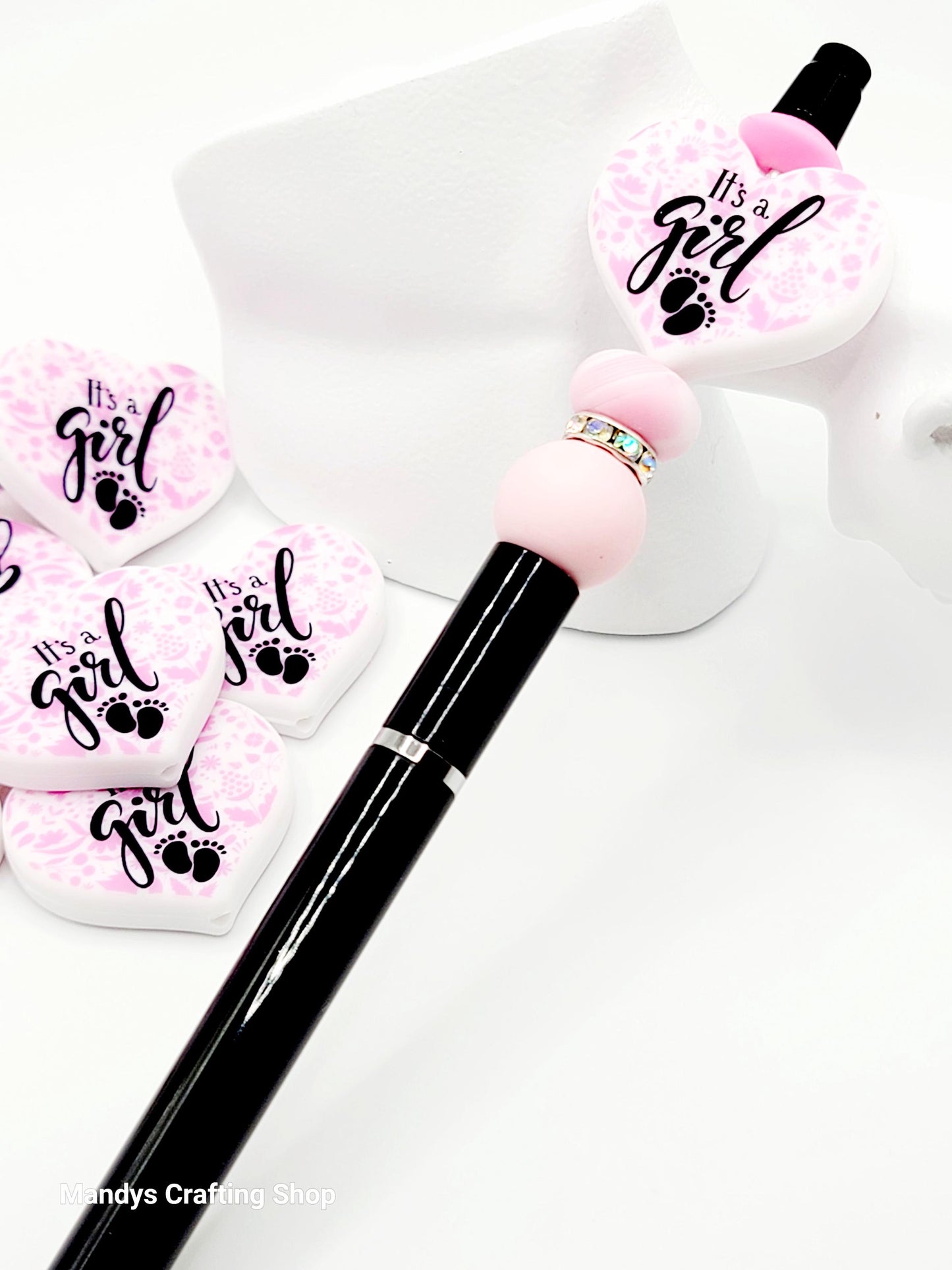 It’s a Girl Heart Focal Bead – Pink Baby Shower Printed Silicone Pen & Keychain Bead (Set of 2)
