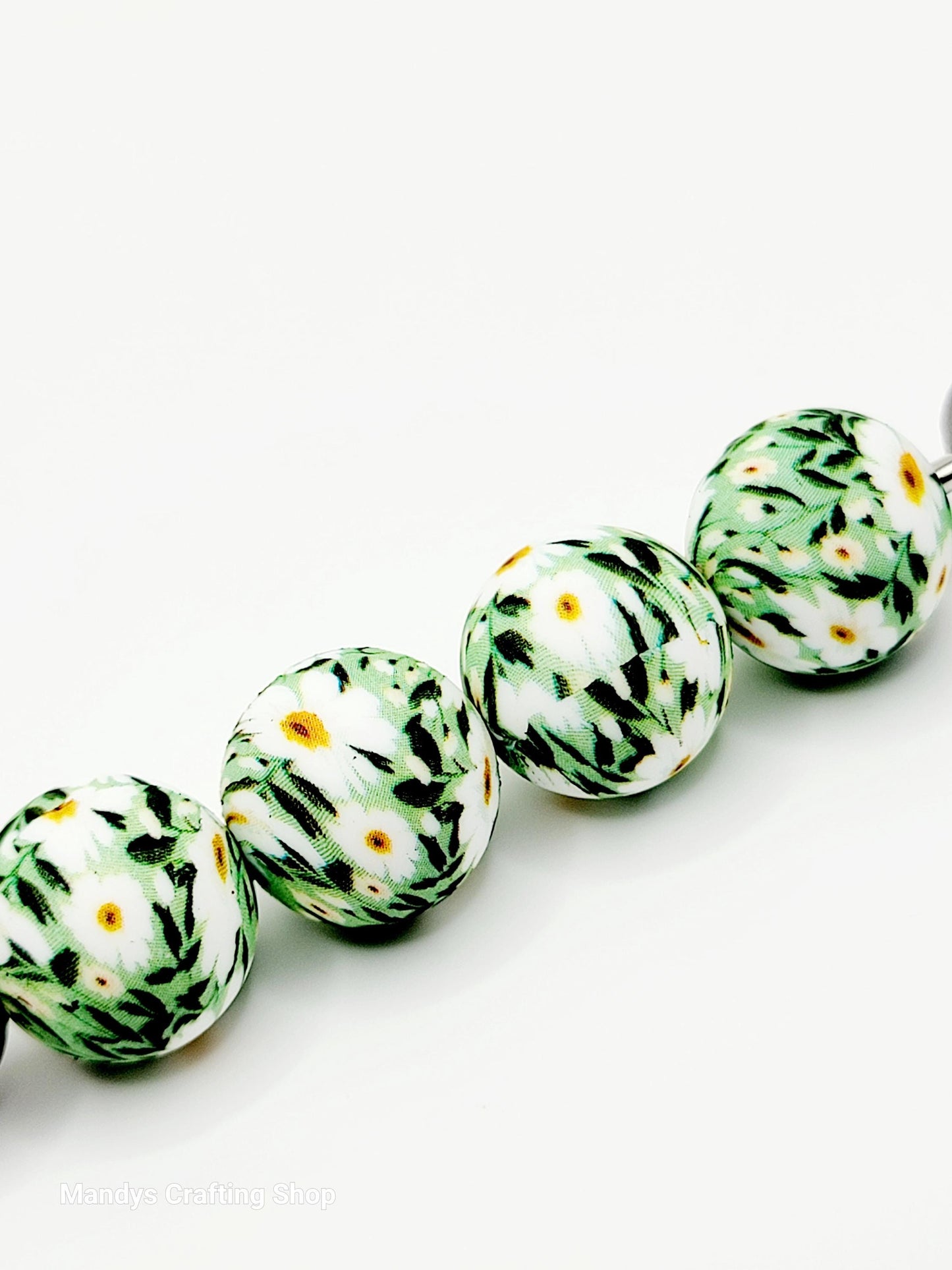 15mm Printed Green & White Floral Print Silicone Bead – Floral Round Beads for Pens & Wristlets