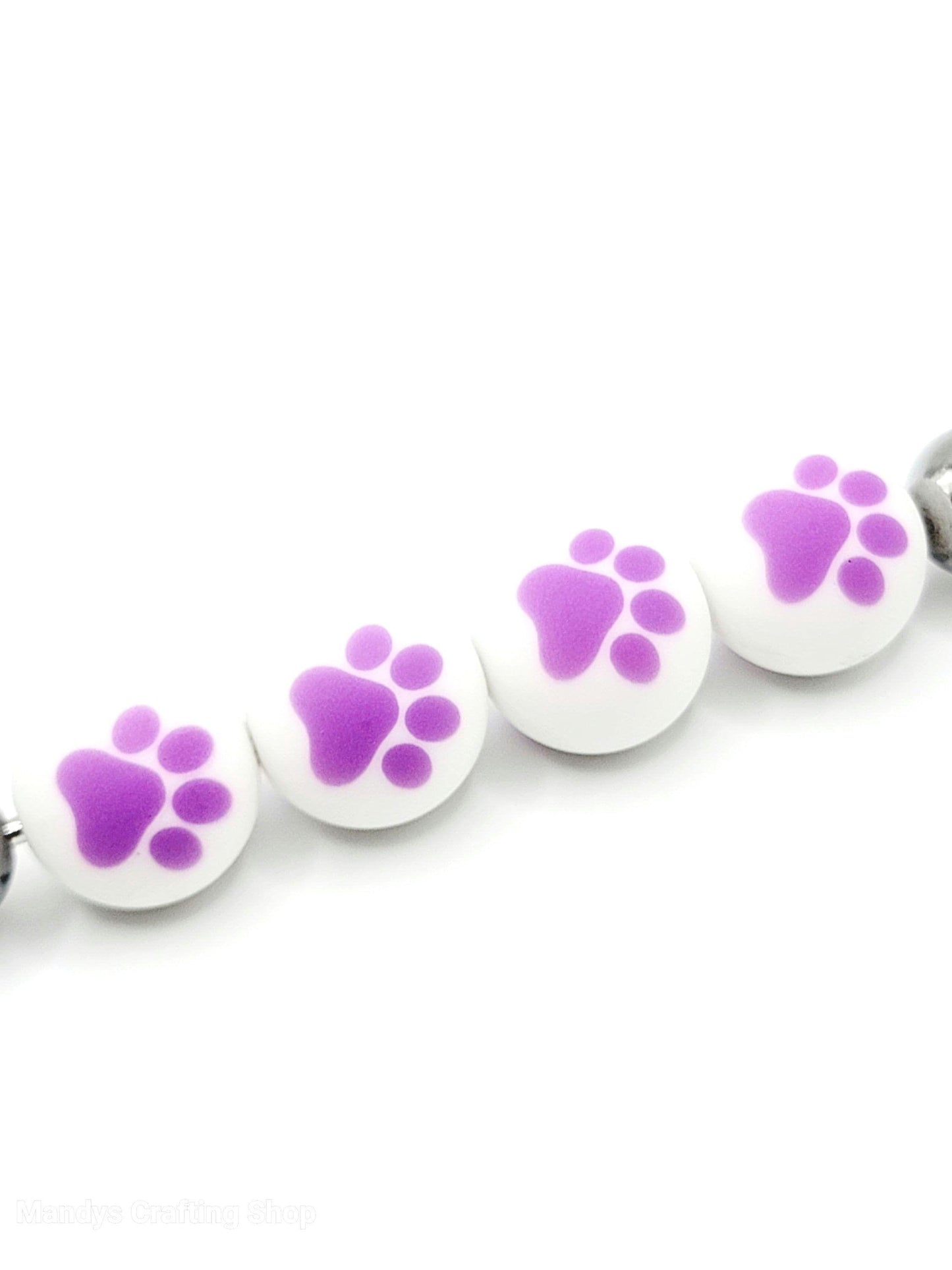 15mm Printed White & Purple Paw Print Silicone Beads – Paw Print Round Pet Beads for Pens & Wristlets