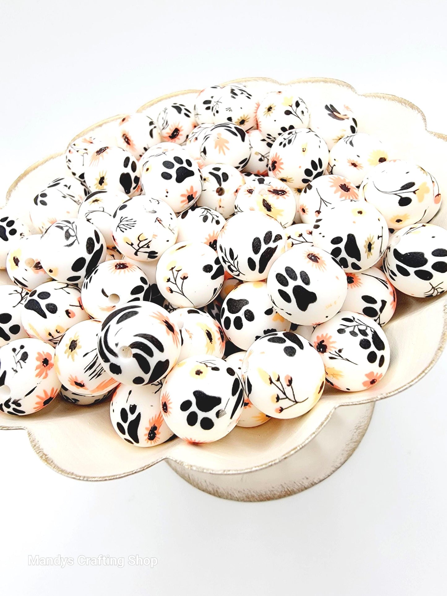15mm Printed Floral Paw Print Silicone Bead – Round Pet Paw Beads for Pens & Wristlets