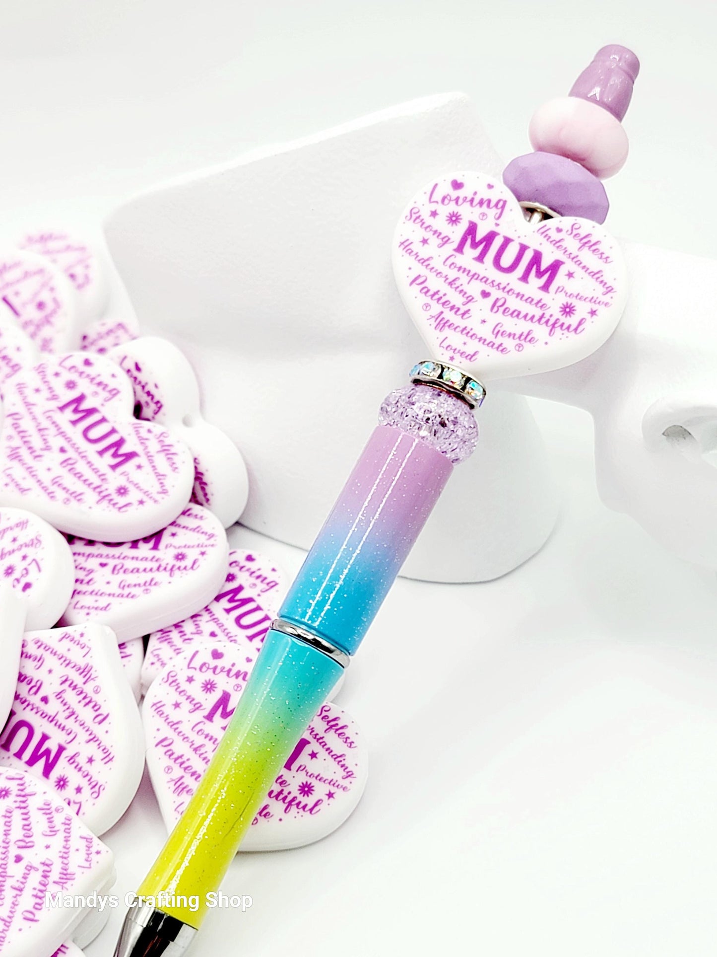 Mum Heart Focal Bead – “Mum” Printed Silicone Pen & Keychain Bead (Set of 2)