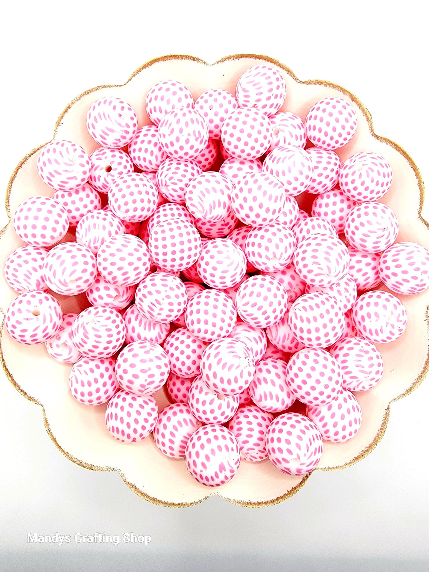 15mm Printed Pink & White Polka Dot Silicone Bead – Pink Round Beads for Pens & Wristlets