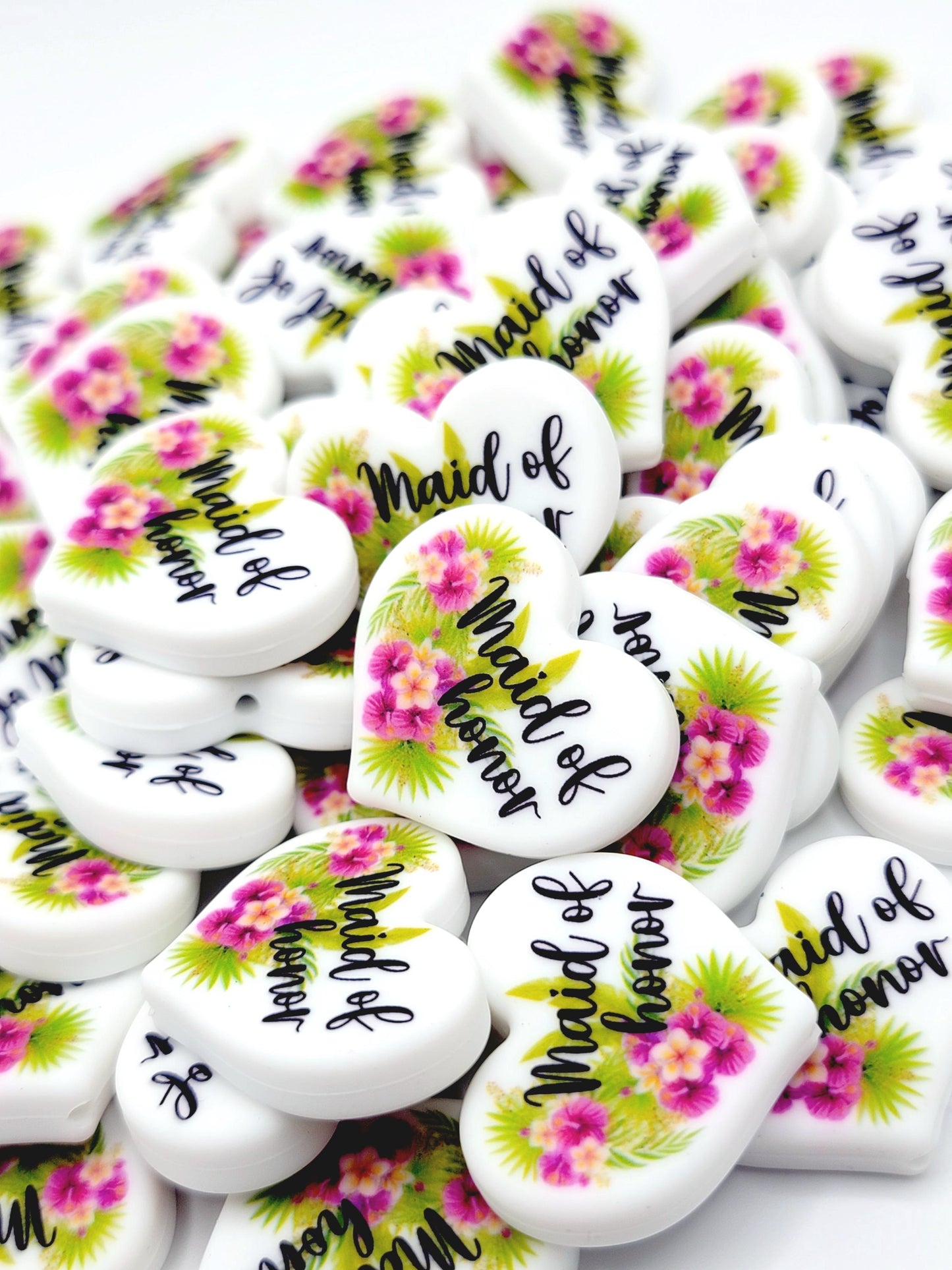 Tropical Floral Maid of Honor Heart Silicone Focal Pen Bead – Printed Bridal Heart Bead (Set 1 or 2)