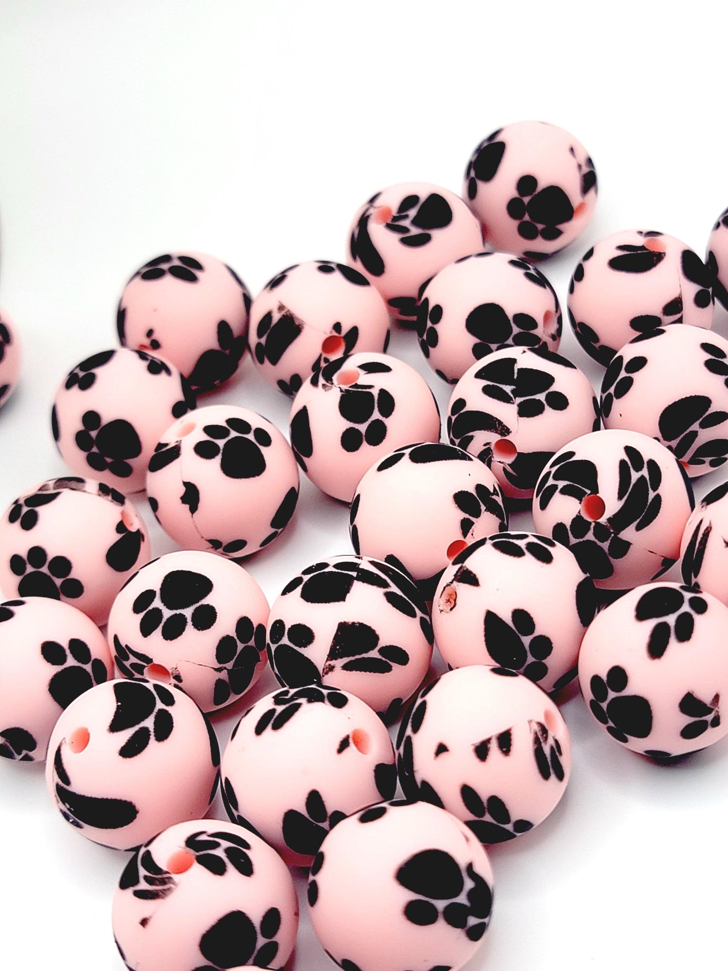 15mm Printed Pink and Black Paw Print Silicone Bead – Round Pet Beads for Pens & Wristlets
