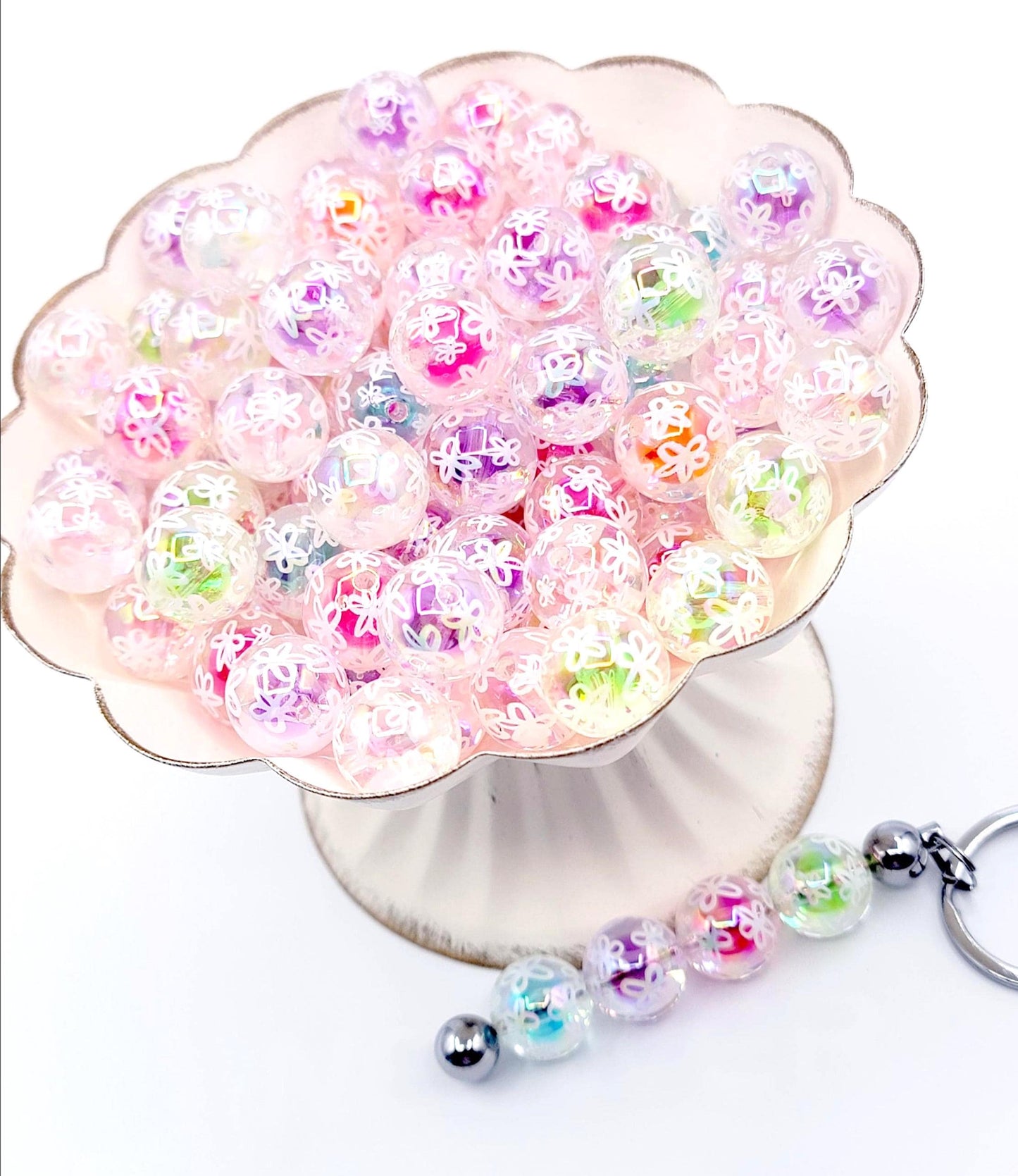 16mm Clear Acrylic Beads with White Flower Pattern (Set of 10) – Colorful Ball Inside Craft Beads