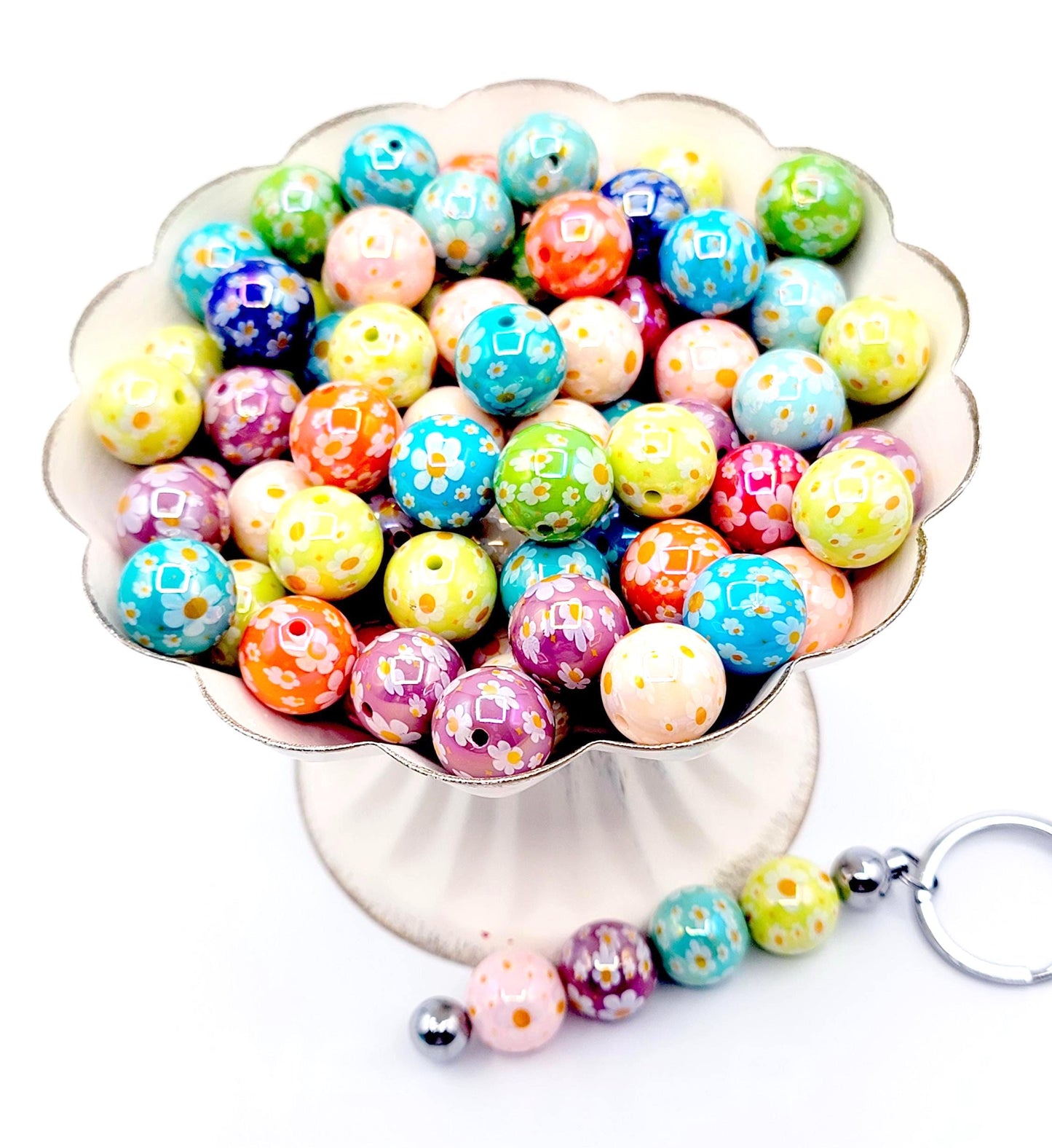 16mm Flower Print Acrylic Beads (Set of 10) – Random Color Round Floral Craft Beads