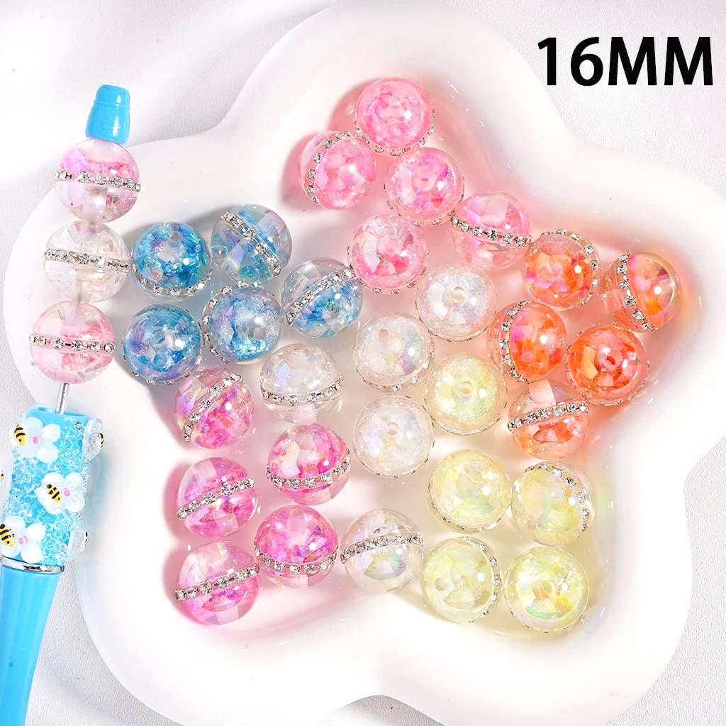 16mm Clear Acrylic Beads with Colorful Flakes & Rhinestone Chain (Set of 10) – UV Coated Craft Beads