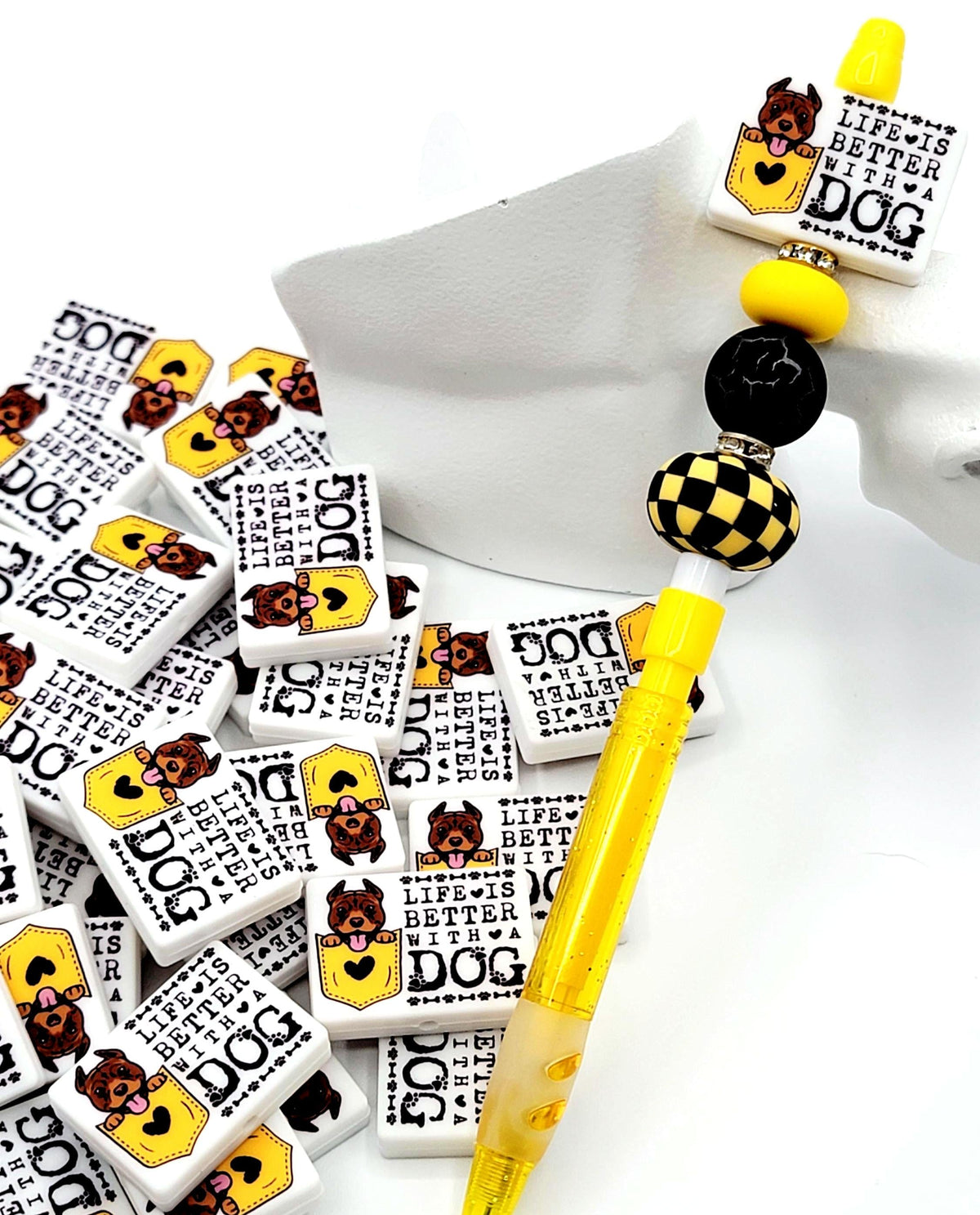 Life Is Better With a Dog Brown Pitbull Silicone Focal Bead, Dog Mom Pen Beads, Dog Lover Craft Bead Pocket Dog Design (Set of 2)