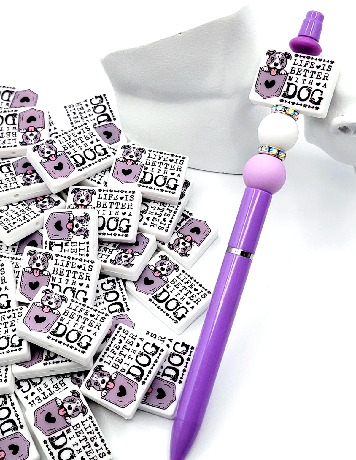 Life Is Better With a Dog Gray Pitbull Silicone Focal Bead, Dog Mom Pen Beads, Dog Lover Craft Bead Pocket Dog Design (Set of 2)
