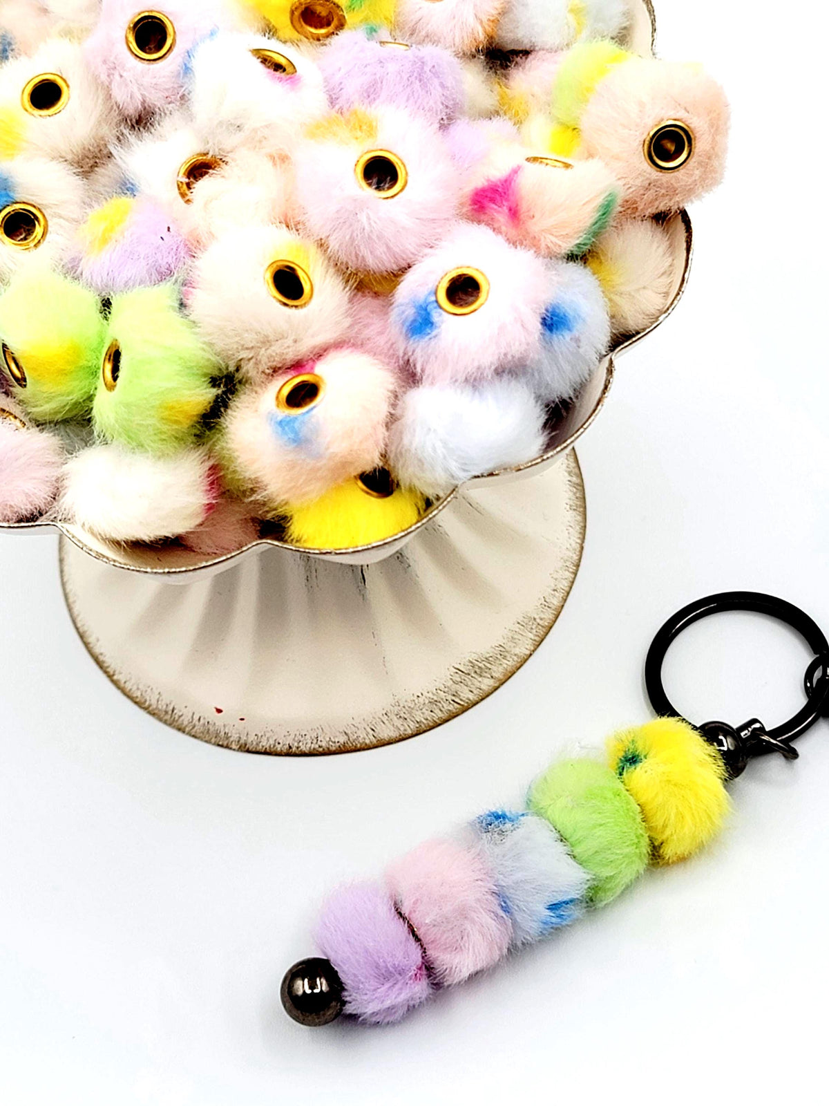 Pastel Confetti Mixed Color Fuzzy Faux Fur Beads - Large Hole Pom Pom Spacer Beads for Pens (Set of 10)