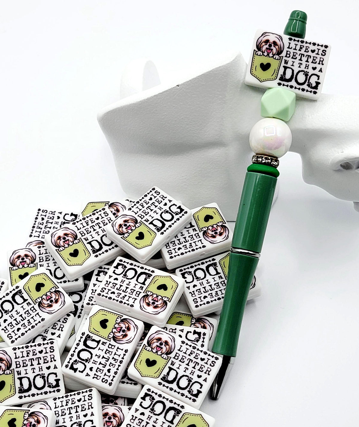 Life Is Better With a Dog Shih Tzu Silicone Focal Bead , Shih Tzu Dog Mom Pen Bead ,Dog Lover Craft Bead, Pocket Dog Design (Set of 2)