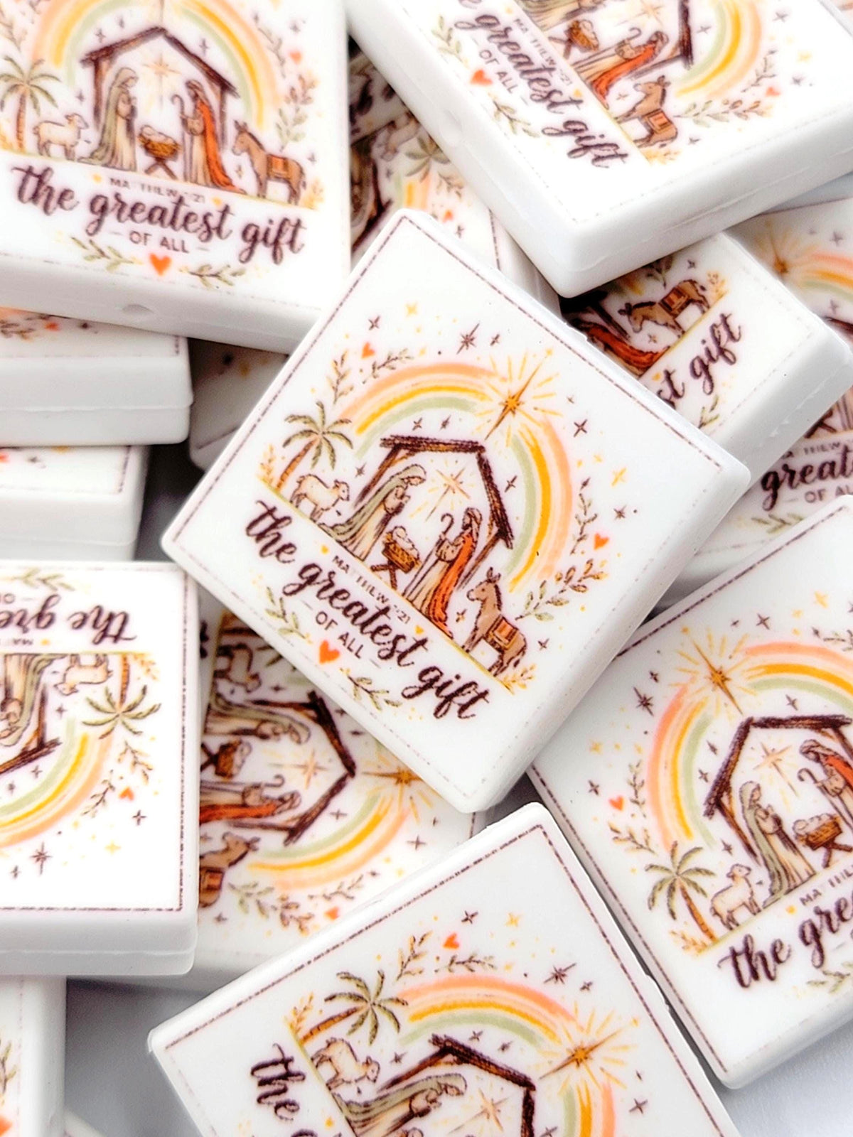 Nativity Focal Silicone Bead, The Greatest Gift Bible Verse Pen Bead, Christmas Religious Focal Bead, Christian Craft Bead - (Set of 2)