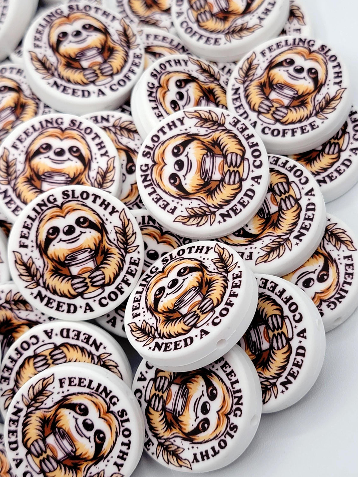 Lazy Sloth Needs Coffee Focal Bead, Sloth Lover Gift, Funny Coffee Pen Bead, Snarky Silicone Bead, Keychain Wristlet Craft Bead - (Set of 2)