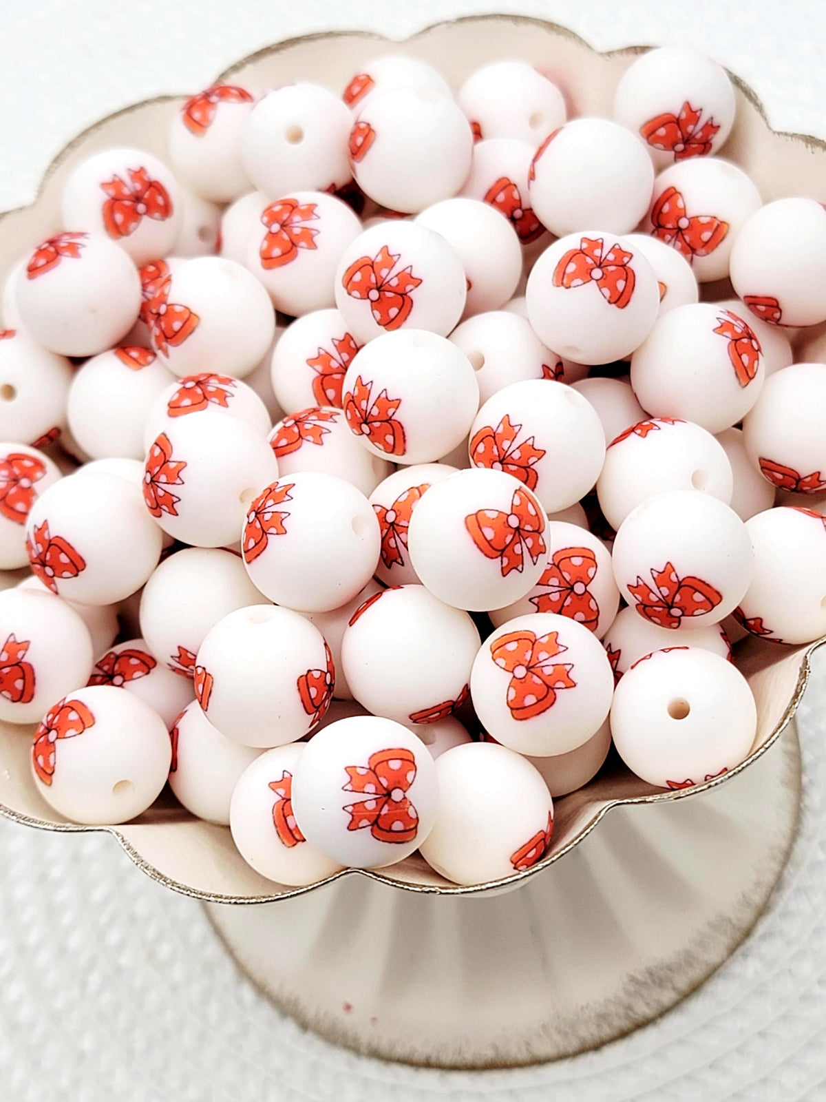 15mm Orange Polka Dot Bow Silicone Round Beads, Halloween Preppy Coquette Beads for Pens, Wristlets, Jewelry and Crafts