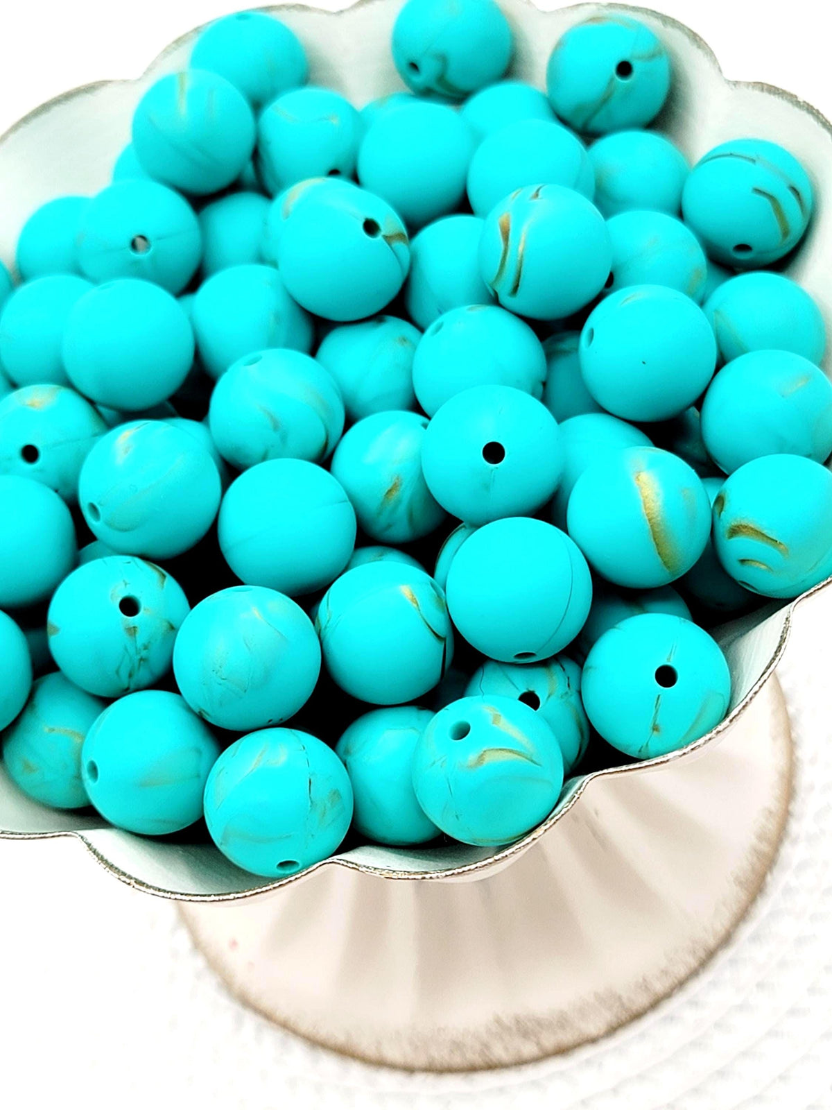 15mm Turquoise Gold Marble Swirl Silicone Round Beads, 15mm Round Spacer Beads for Pens, Wristlets, Keychains and Jewelry