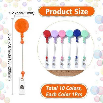 Colorful badge holder with measurement details on a bubble background