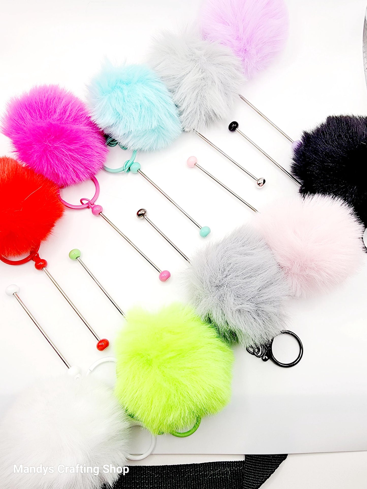 Beadable Keychain Bar with Fluffy Pom Pom, Fuzzy Fur Ball With Bead Bar