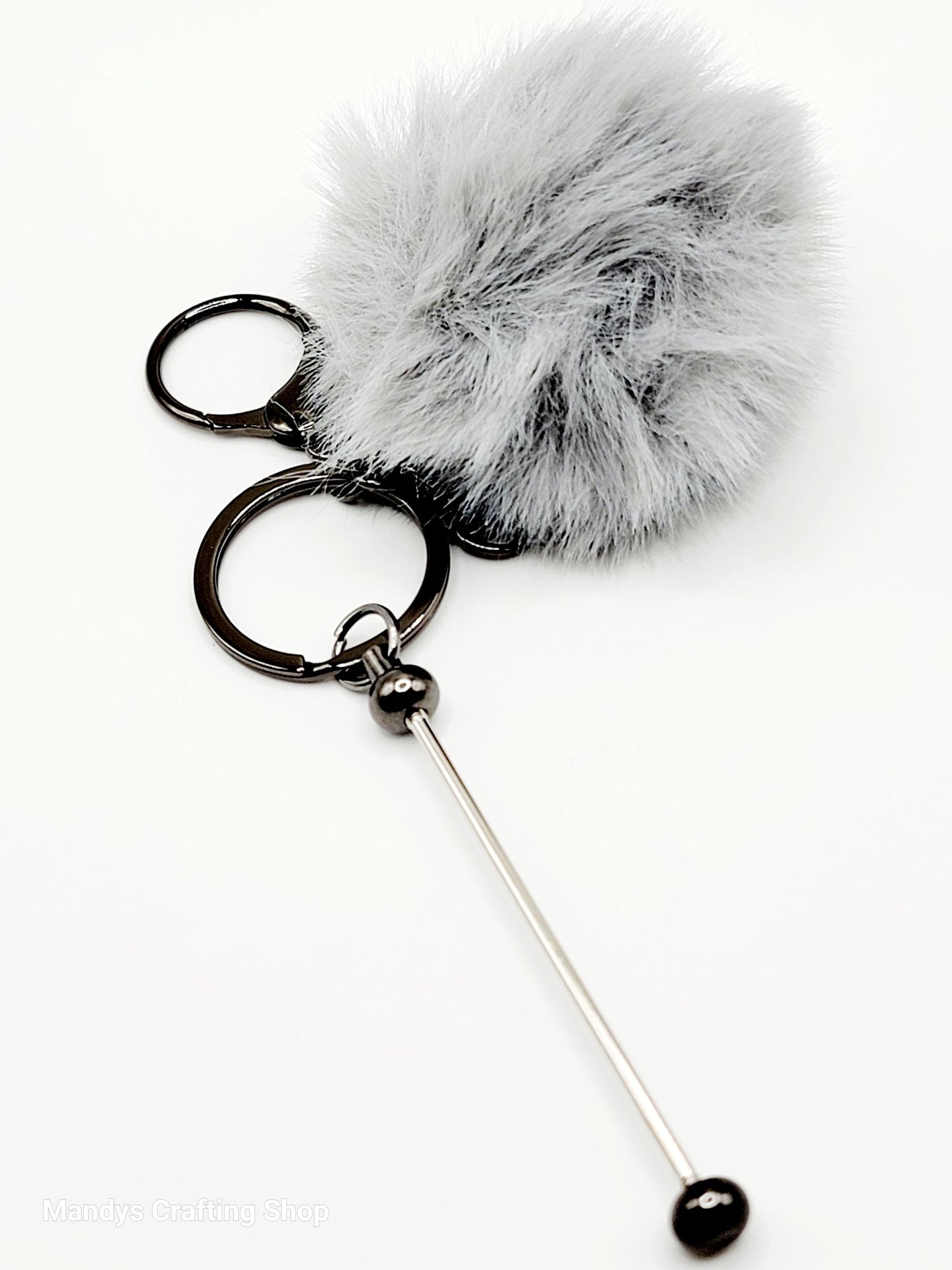 Beadable Keychain Bar with Fluffy Pom Pom, Fuzzy Fur Ball With Bead Bar