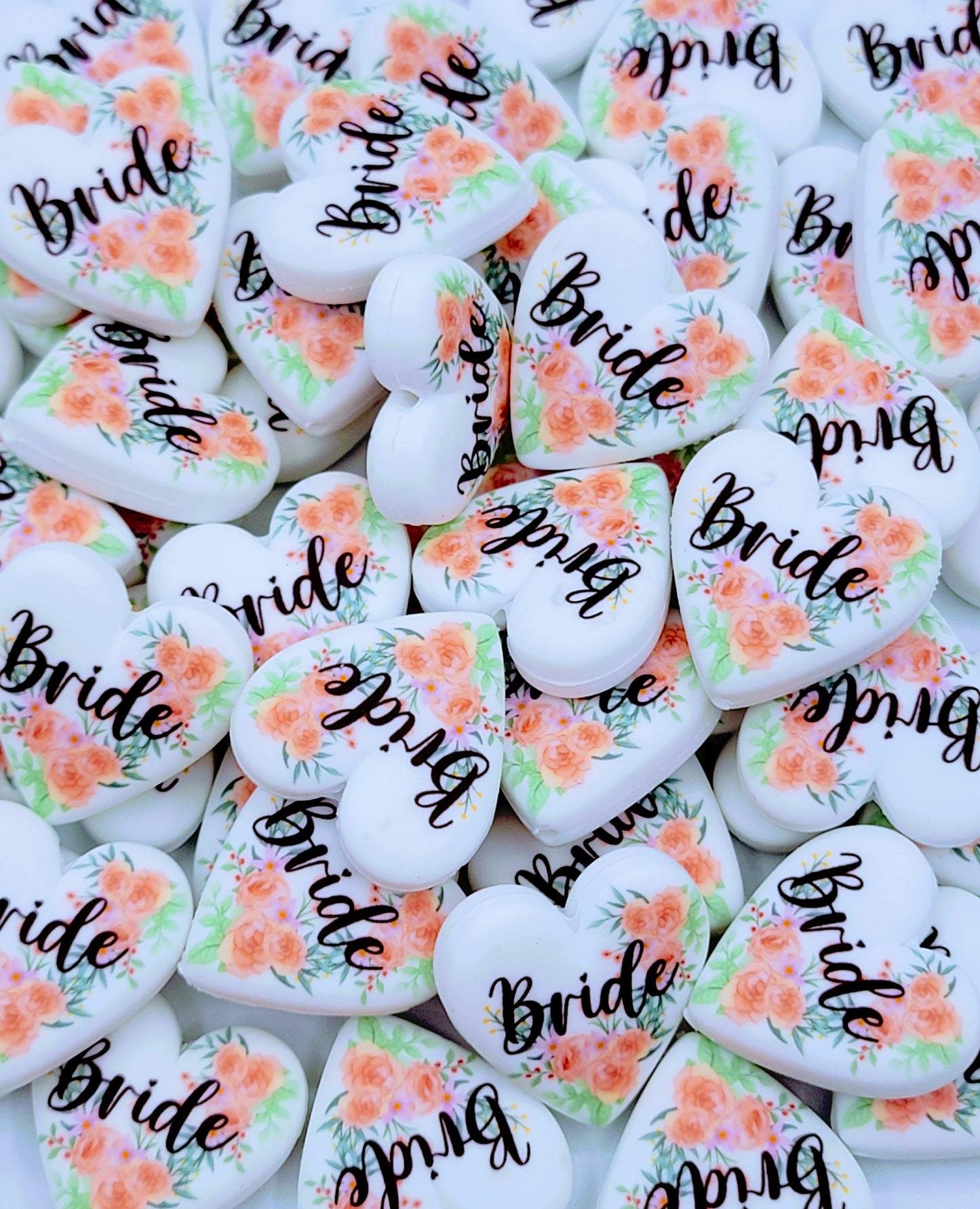 Bride Orange Pink Floral Heart Silicone Pen Bead, DIY Bridal Party Gift - Set of 2