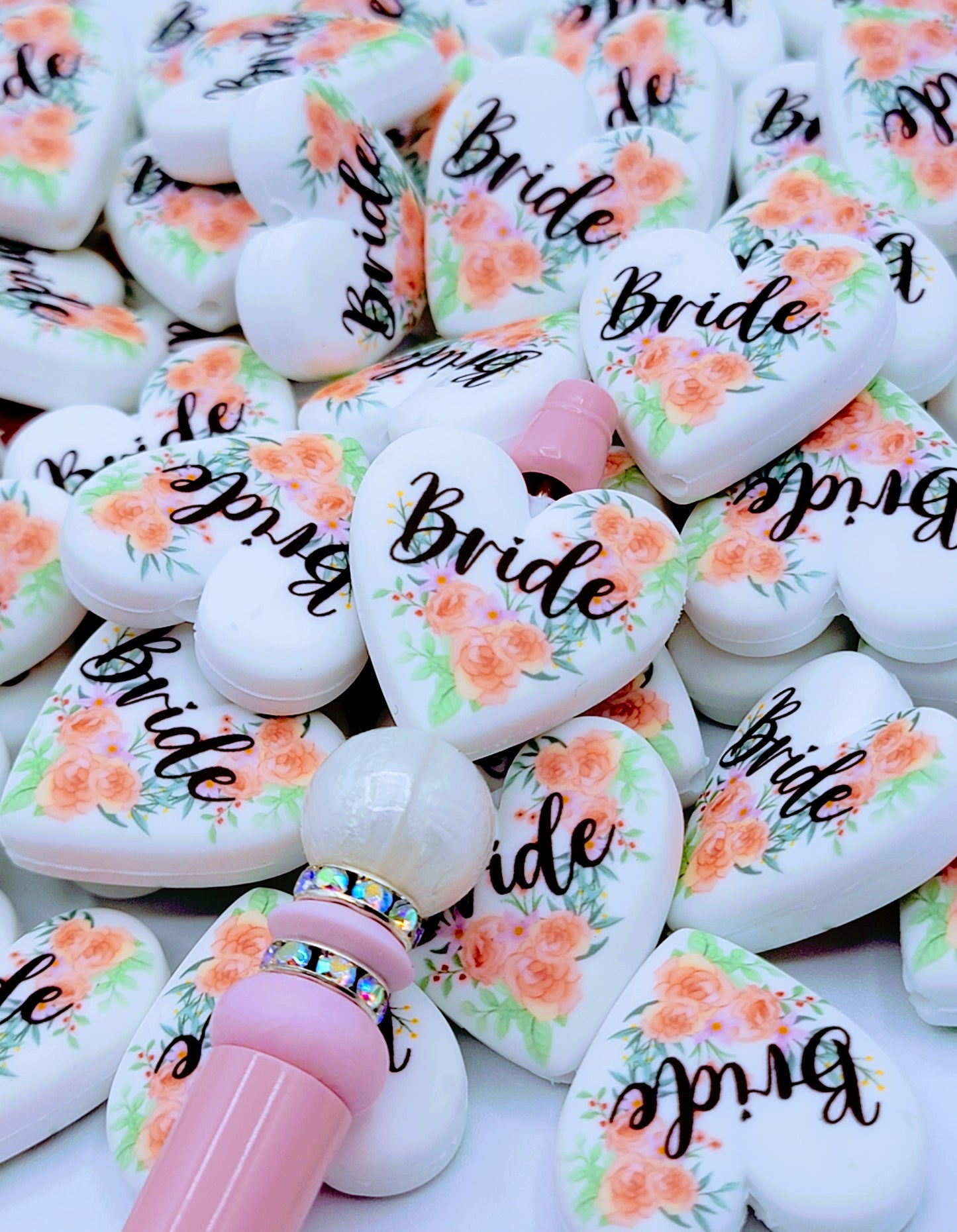 Bride Orange Pink Floral Heart Silicone Pen Bead, DIY Bridal Party Gift - Set of 2