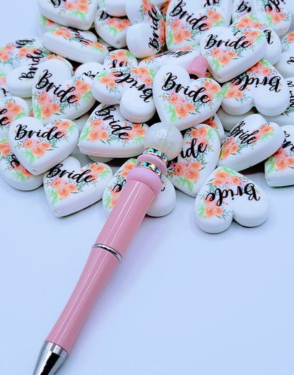 Bride Orange Pink Floral Heart Silicone Pen Bead, DIY Bridal Party Gift - Set of 2