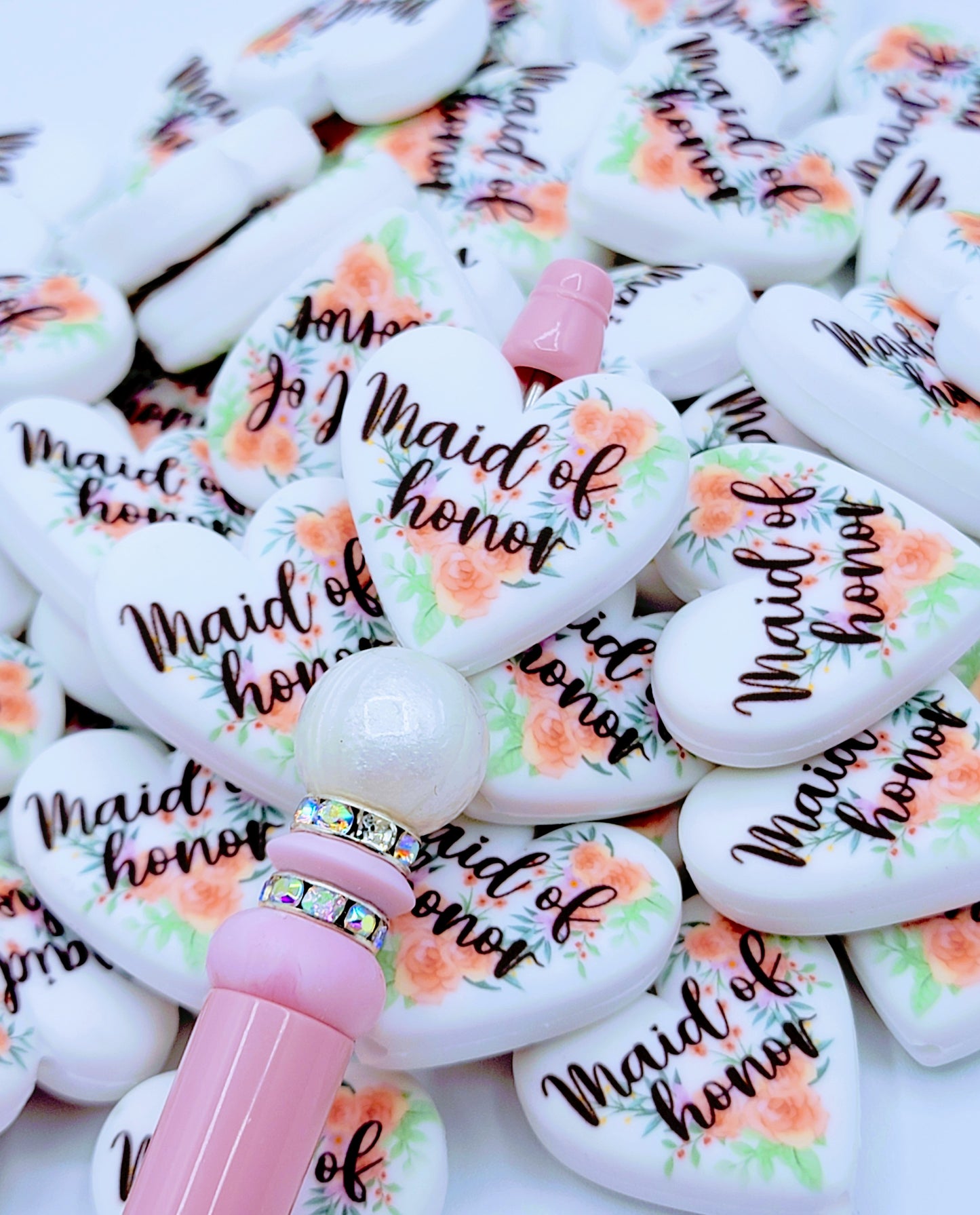 Maid Of Honor Orange Pink Floral Heart Silicone Pen Bead, DIY Bridal Party Gift - Set of 2