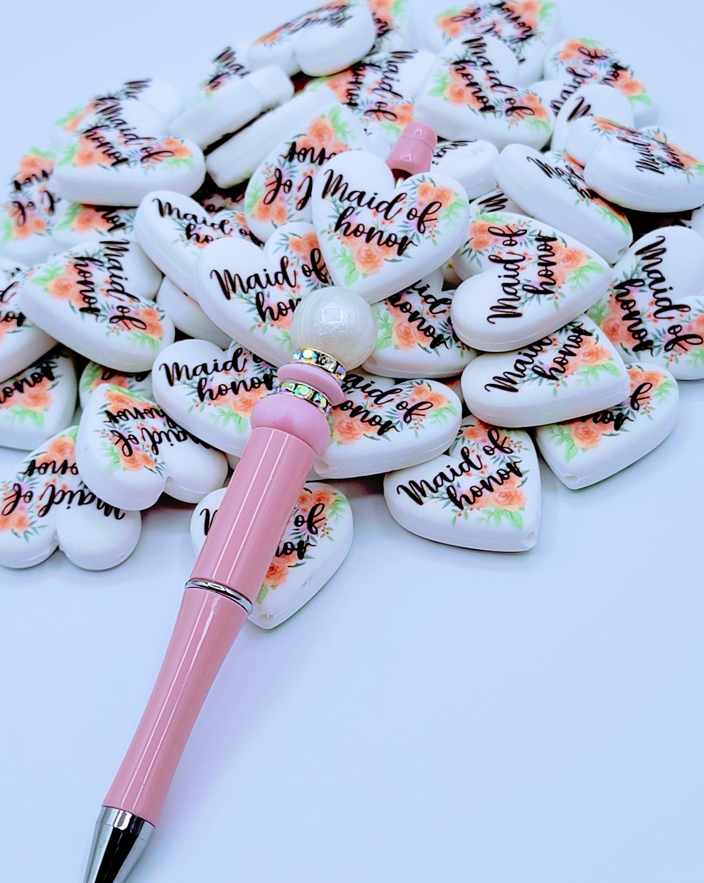 Maid Of Honor Orange Pink Floral Heart Silicone Pen Bead, DIY Bridal Party Gift - Set of 2
